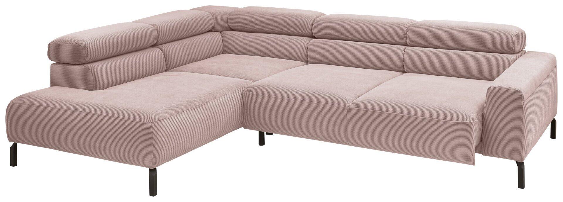 Ecksofa Pure 9129 in hellrosa mit abklappbarem Eckteil und verstellbaren Kopfstützen auf schwarzen Metallfüßen.