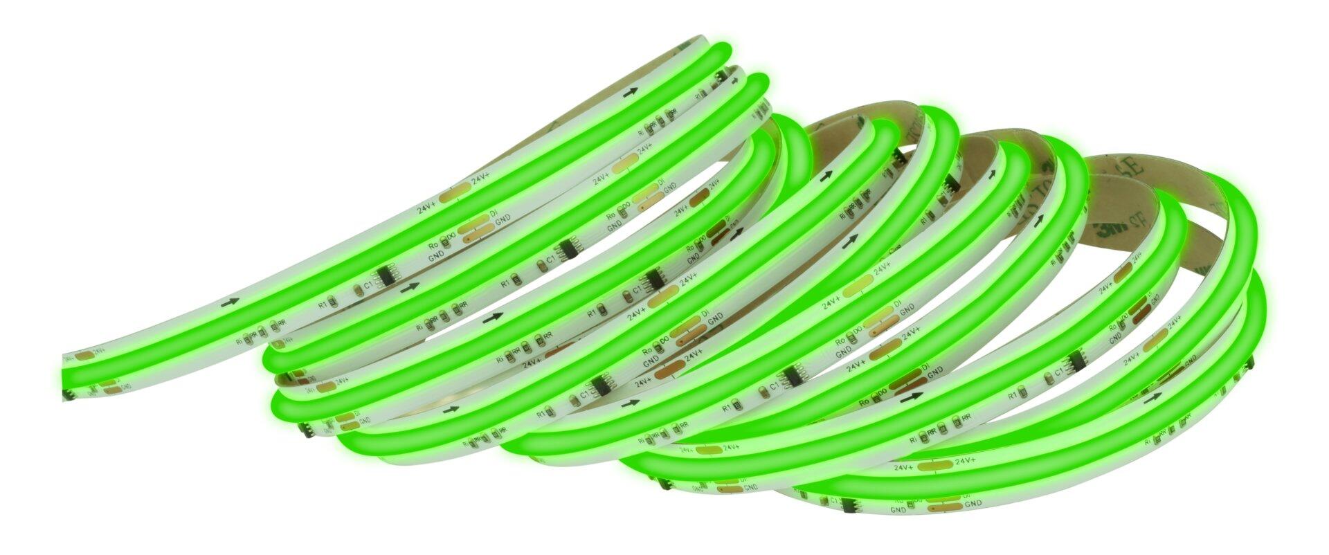 Gerolltes, hellgrünes BRILO LED-Neonband mit Klebestreifen und Pfeilen zur Anzeige der LED-Anordnung.