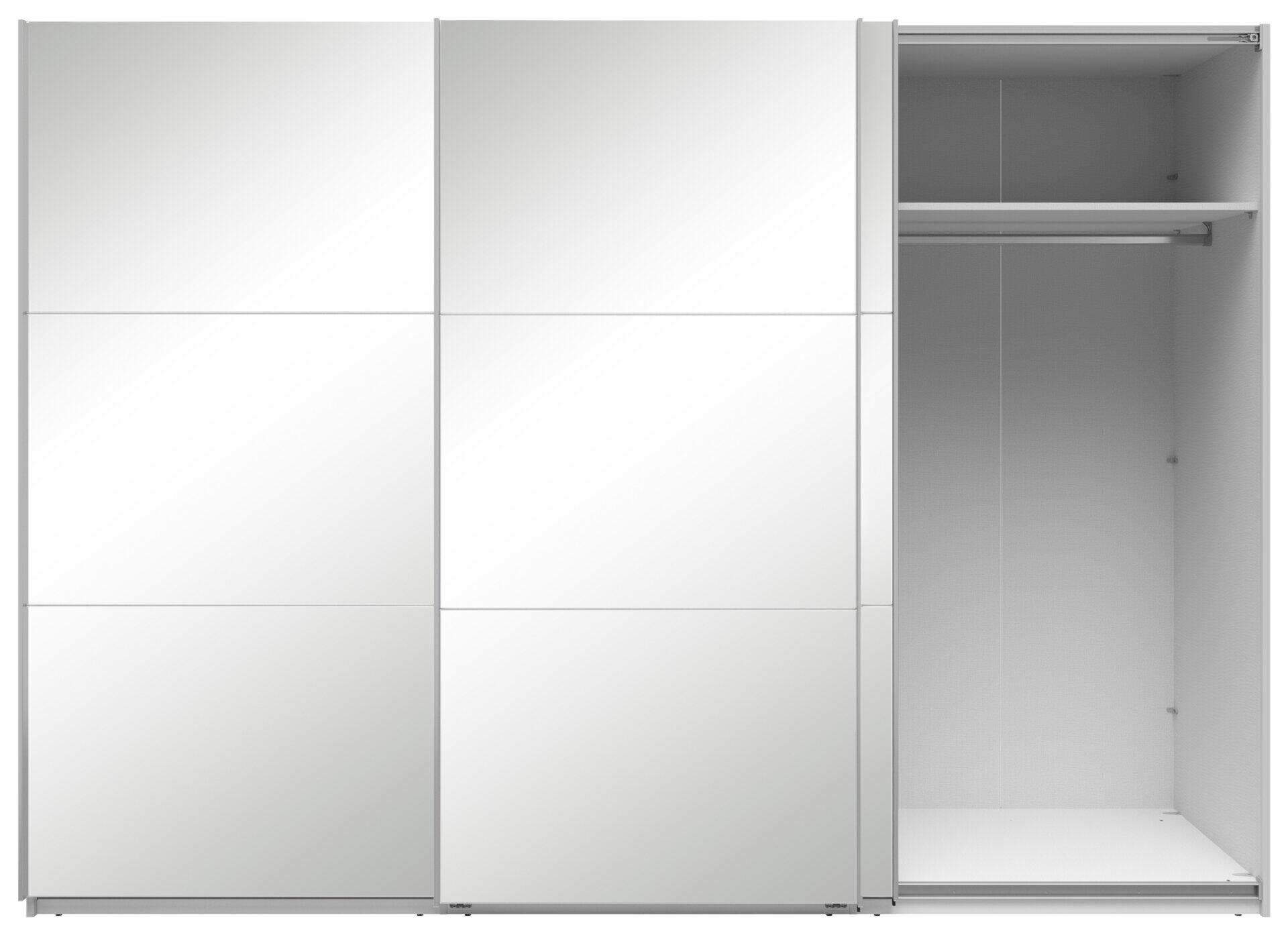 Schwebetürenschrank Neo mit drei Spiegelglass-Türen, silberfarbener Griffleiste und Innenleben mit Kleiderstange und Regalböden.
