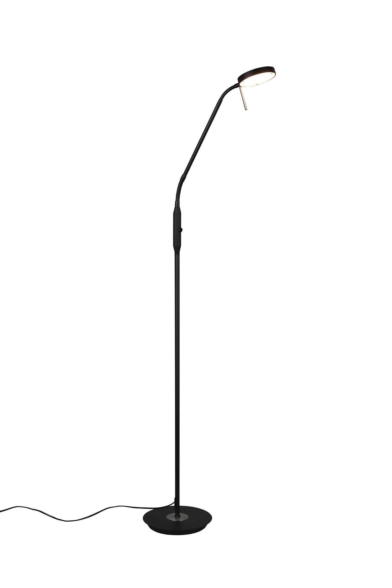 Stehlampe Monza mit flexiblem Arm und verstellbarem Lampenkopf, die aus einer unteren, runden Basis, einem schlanken Metallstiel und einem rundum sichtbarem Stromkabel besteht.
