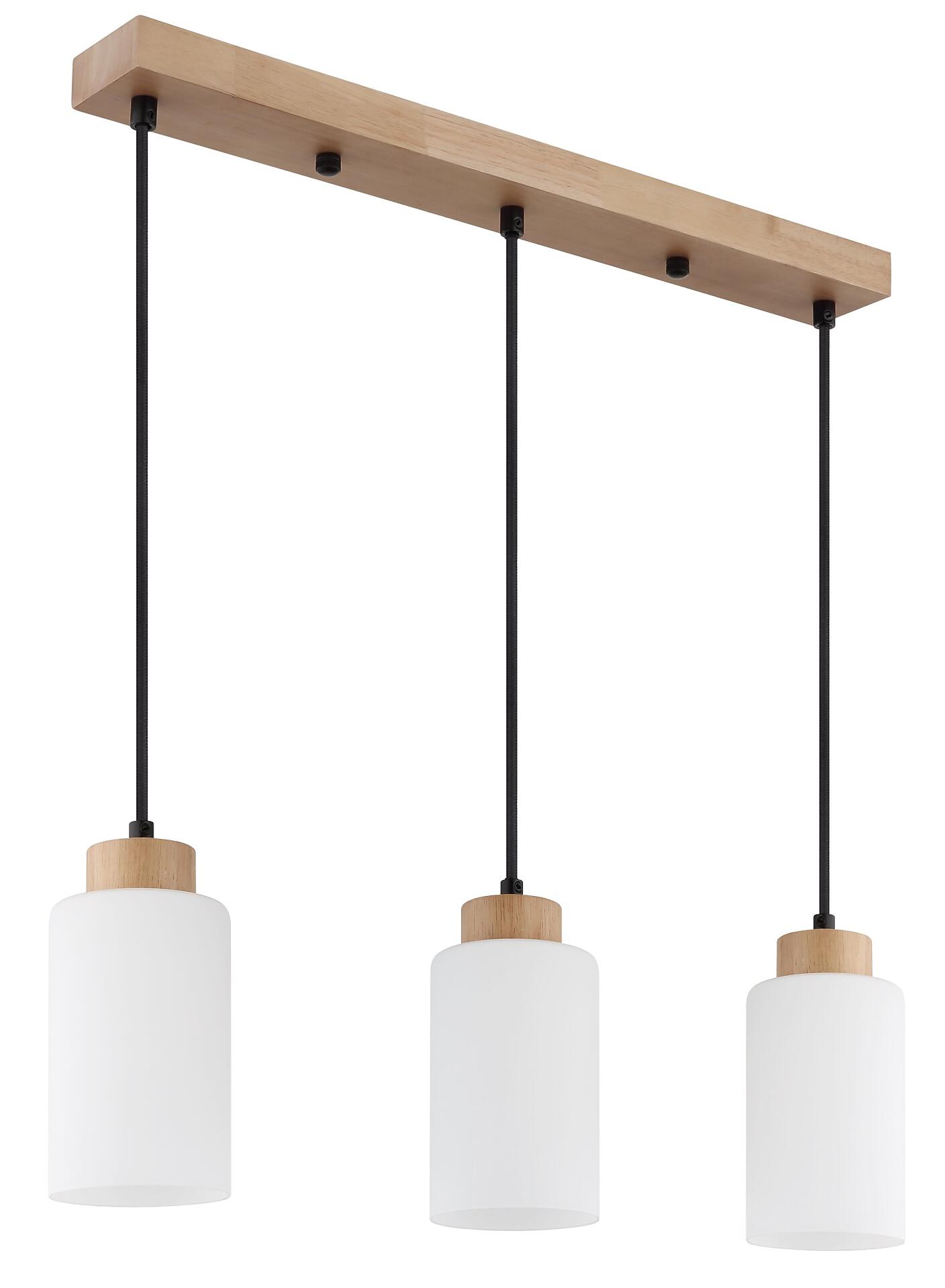 Dreifache Pendelleuchte ROWENA mit rechteckigem Holzbalken und drei weißen, zylindrischen Lampenschirmen, die an schwarzen Aufhängungen hängen.
