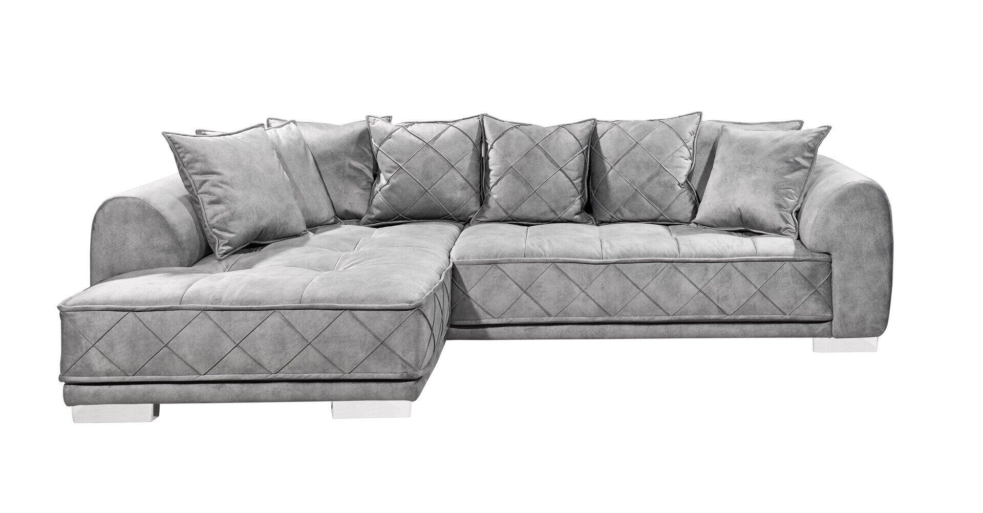 Graues Ecksofa Sentina mit Samtbezug und Karomuster, Frontalansicht, zeigt die Liegefläche mit erhöhter Rückenlehne und Armlehne für eine entspannte Position.
