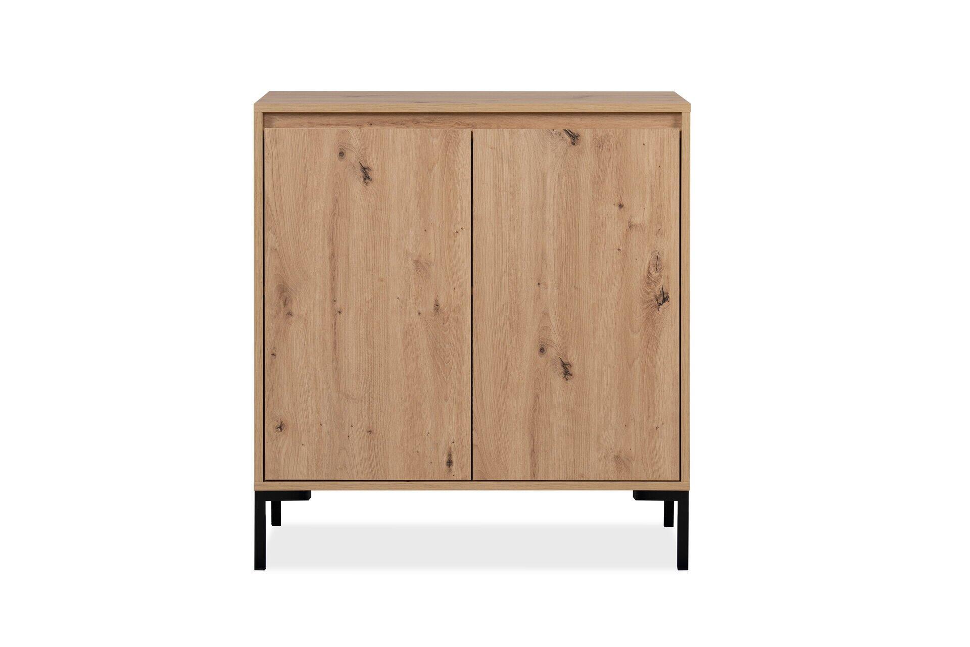 Kommode Korsika 01A mit zwei bündig eingelassenen Türen aus Holz mit Maserung und schwarzen Füßen, frontale Ansicht.