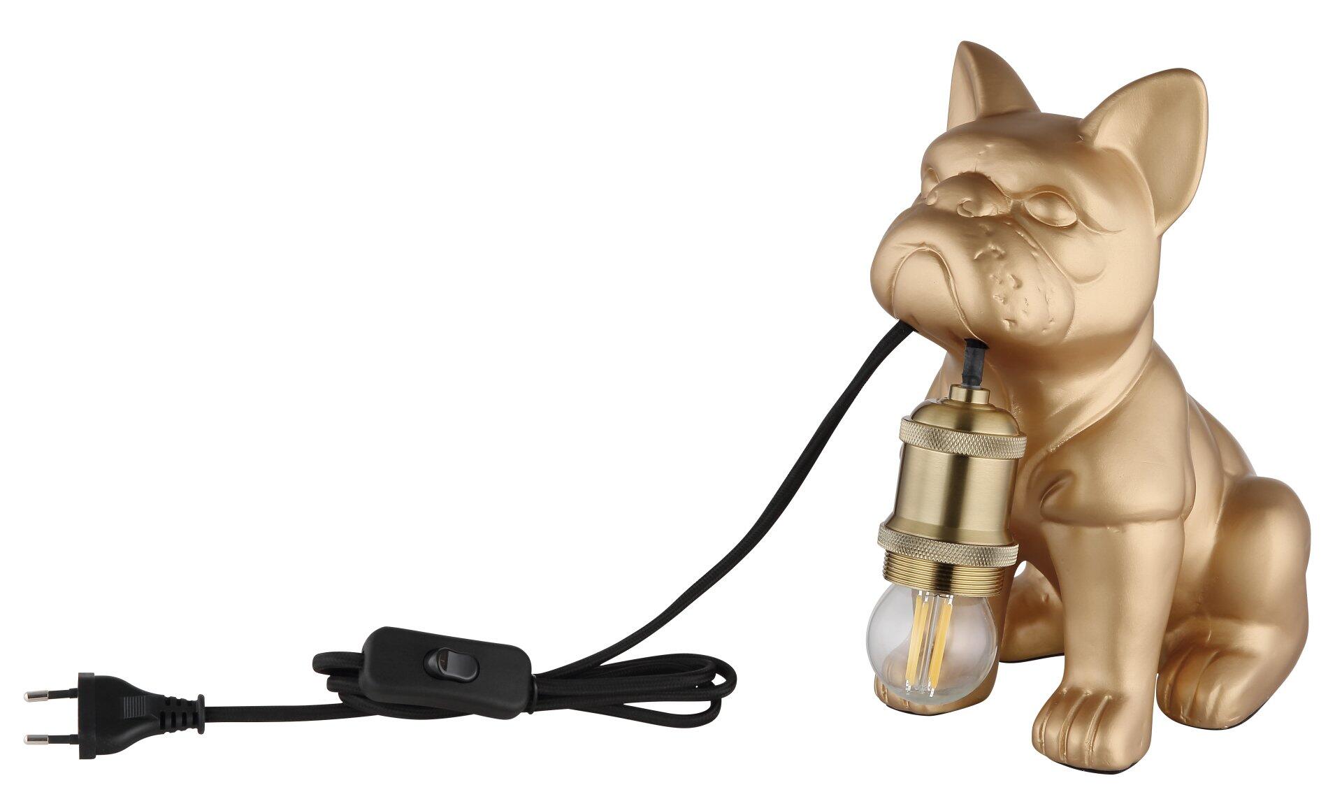 Tischleuchte DOGO in Form eines golden-bronze farbenen Bulldoggenkopfes mit E27 Fassung, Kippschalter am Kabel und abwärts gerichtetem Lichtschein.