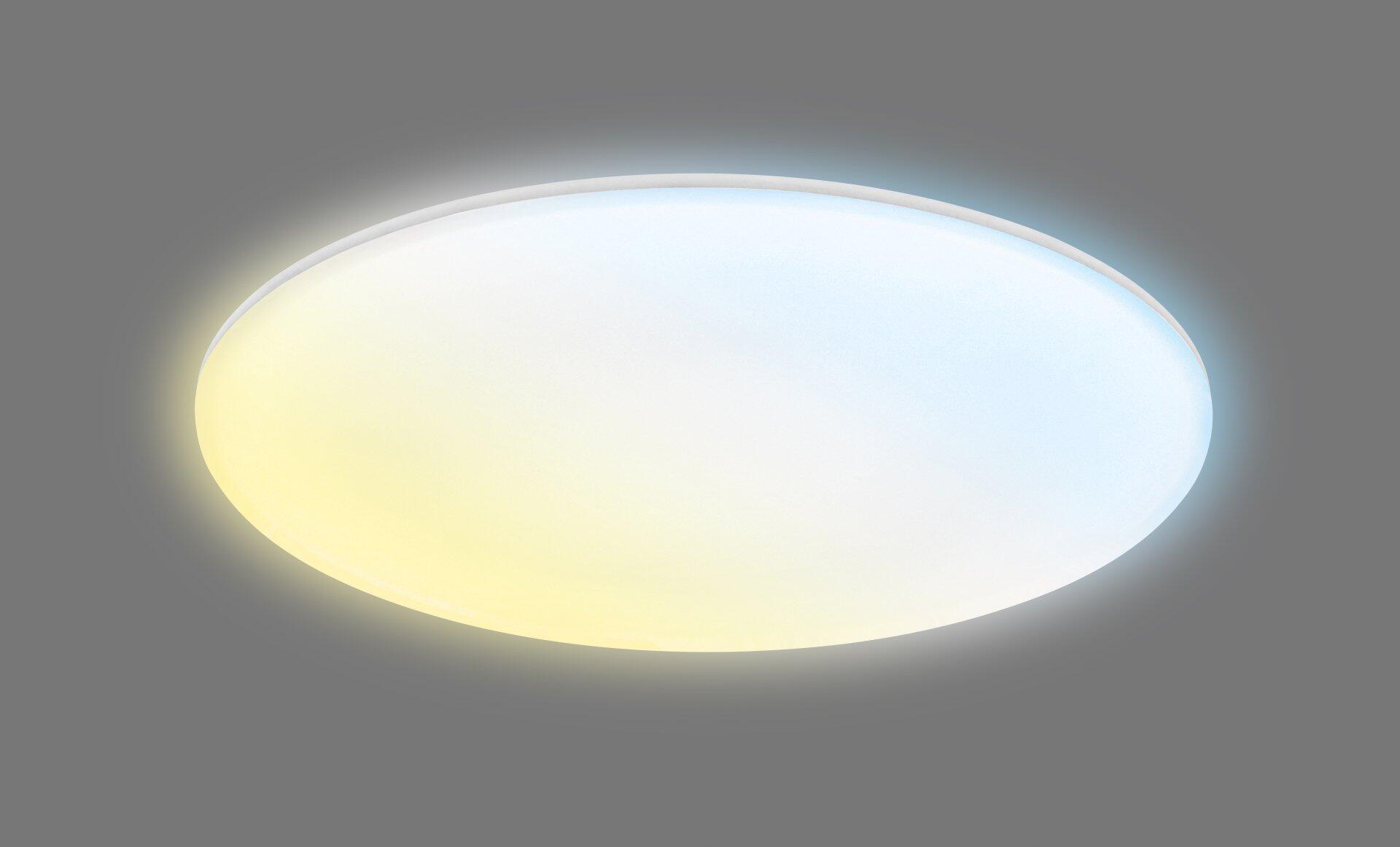 Moderne Wand- und Deckenleuchte Rowny mit Ø45cm, die frontal und aus nächster Nähe aufgenommen wurde und ein helles, dimmbares Licht ausstrahlt.