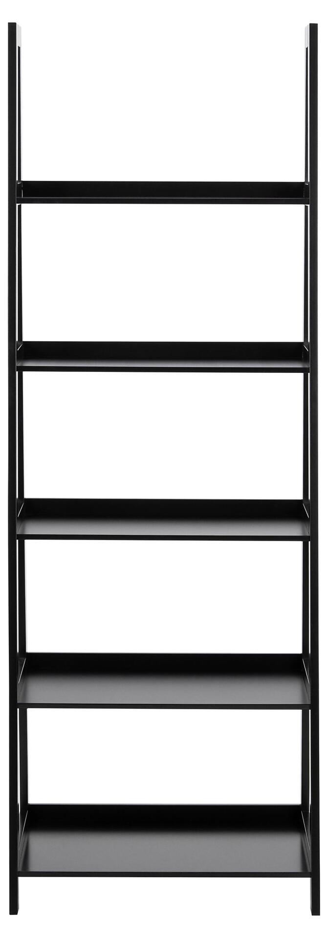 Schwarzes Regal Wally mit fünf Ebenen, dargestellt in einer frontalen Ansicht, die die schlichte, minimalistische Form und die horizontal verlaufenden Regalböden betont.