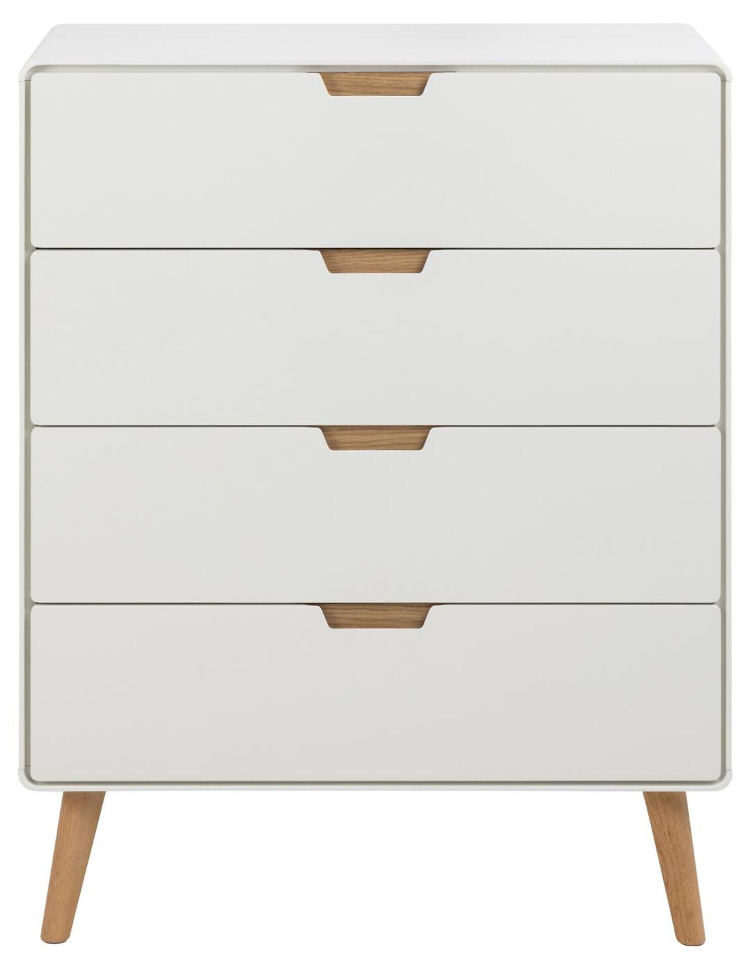 Weiß lackierte Kommode Lowell mit drei Schubladen, Soft-Close-Mechanismus und konischen Holzbeinen im Stil der 1950er Jahre, aus der Vogelperspektive erkennbar.