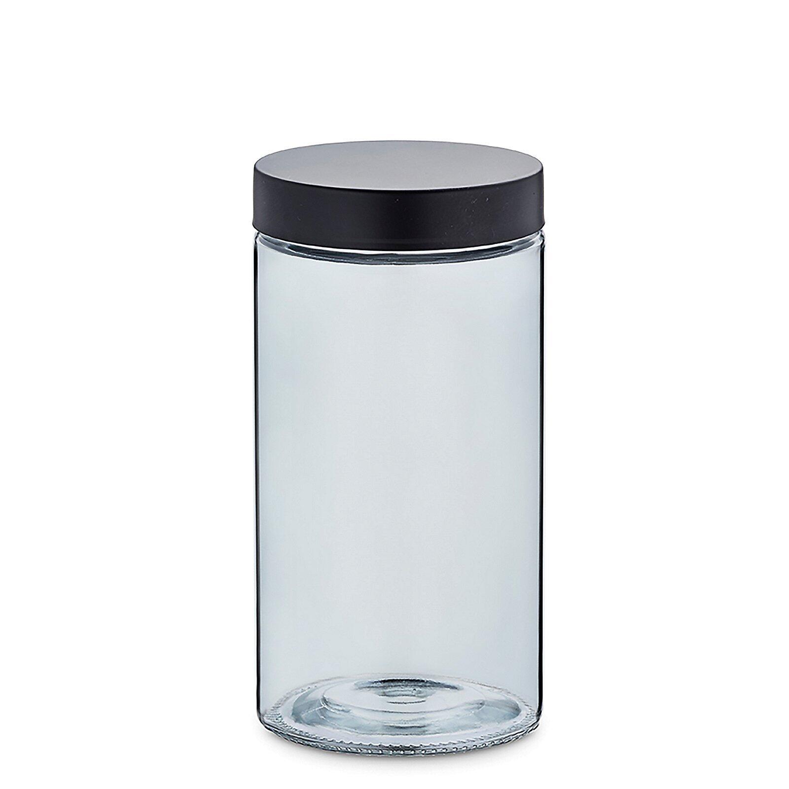 Vorratsdose Bera, zylindrische Form aus transparentem Glas mit schwarzem Kunststoffdeckel, Ansicht von der Seite.