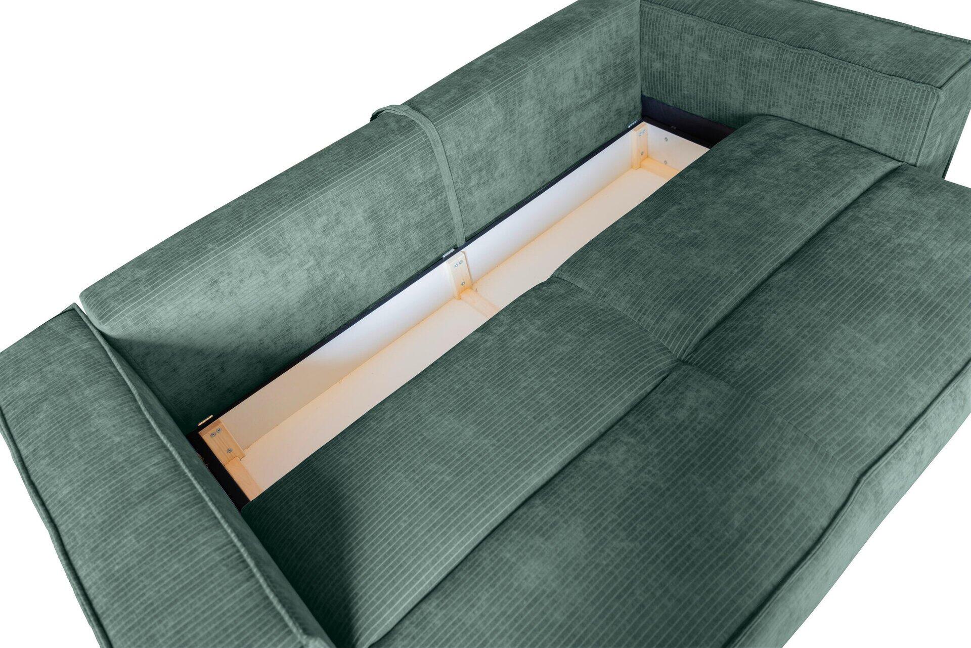 Bigsofa Sky: Detailaufnahme des hochklappbaren Sitzes mit Stauraum und Metallmechanismus, Blick von oben.