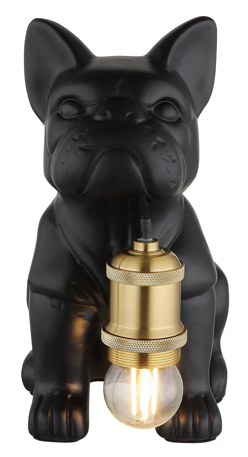 Dekorative Tischleuchte DOGO in Form eines schwarzen Französischen Bulldoggen-Kopfes mit abwärts gerichtetem Lichtschein und goldfarbenem Fassung, aufgenommen aus einer leicht unterhalb liegenden Perspektive.
