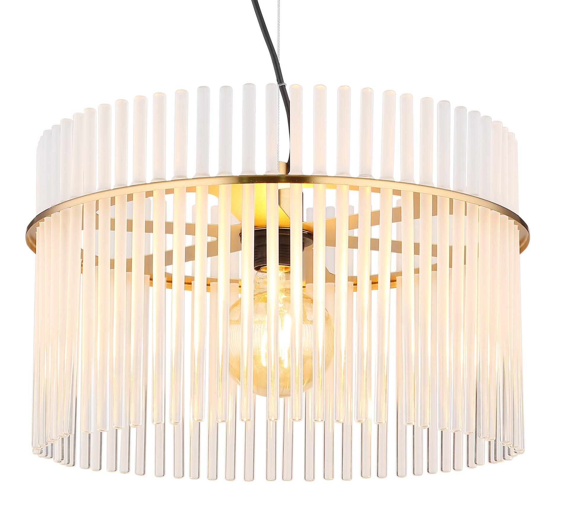Hängeleuchte GORLEY mit zylindrischem Lampenschirm, umgeben von vertikalen Glasstäben in Goldton, detailreich in Frontalperspektive aufgenommen.