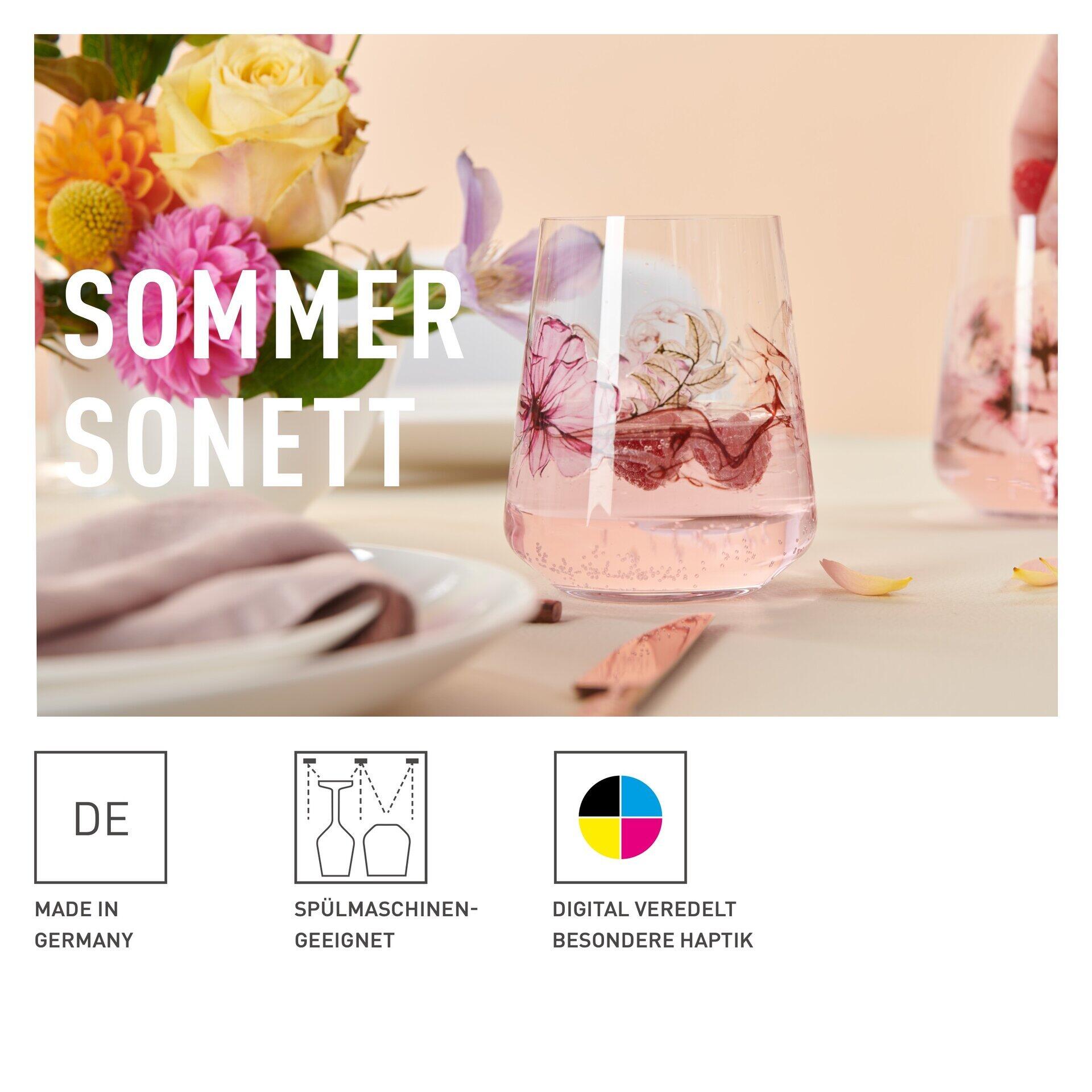 Universalglas-Set: Elegantes Aperitif-Glas mit Blütenblättern und Icons für "Made in Germany", spülmaschinengeeignete und digital veredelte Haptik.