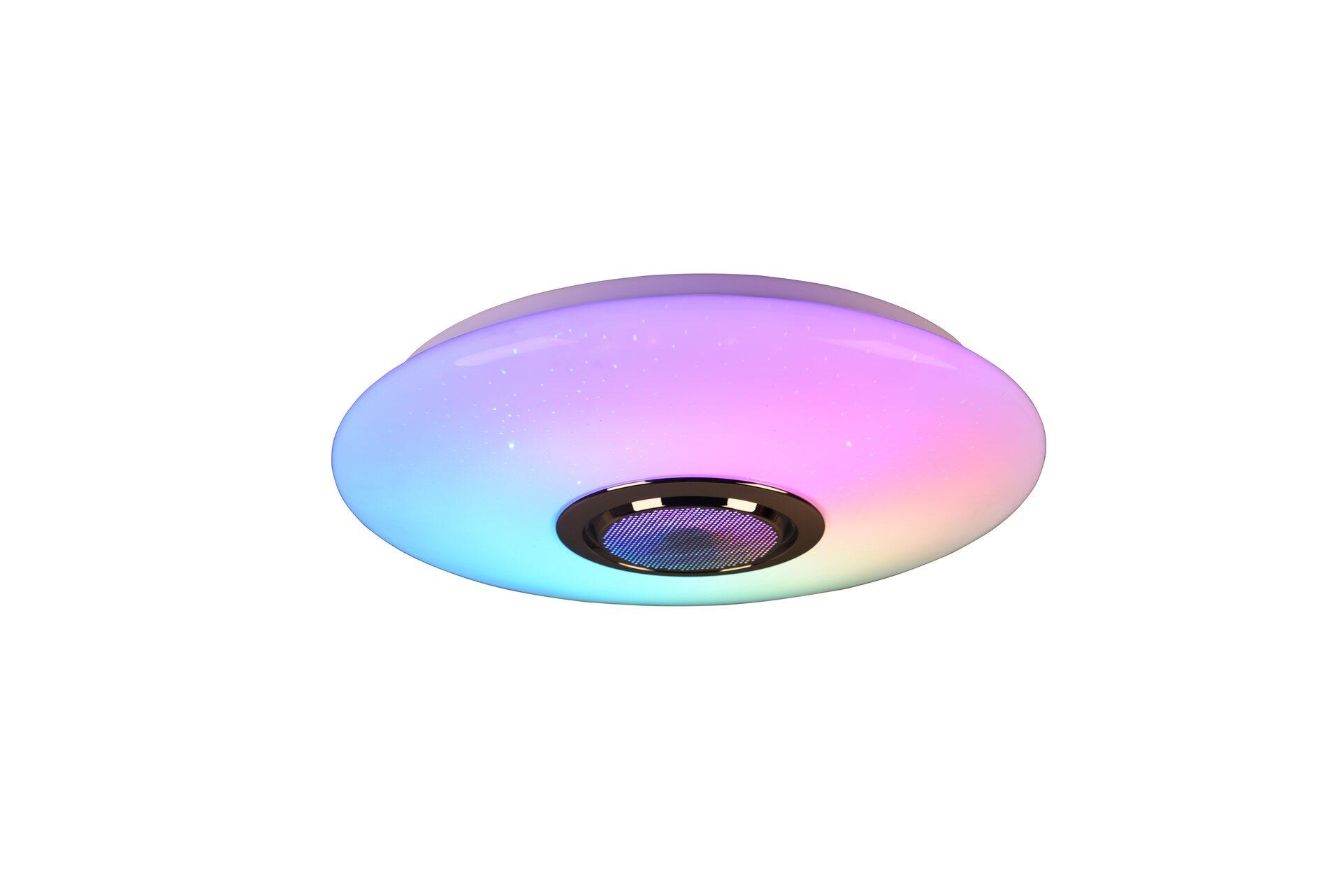 Deckenleuchte Musica mit stufenlos einstellbarer Lichtfarbe, RGBW Farbwechsler, Starlight-Effekt und integriertem Lautsprecher für Musikwiedergabe, dargestellt in Frontalperspektive.