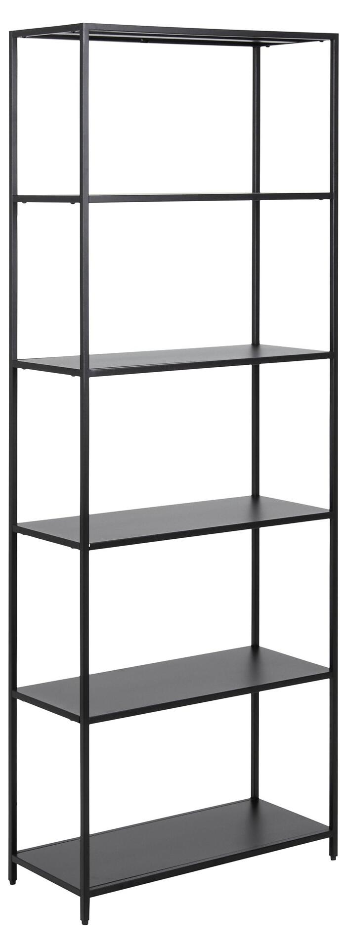 Schwarzes, freistehendes Regal Newcastle mit fünf horizontal angeordneten Ablageflächen und schmalem Metallgestell.