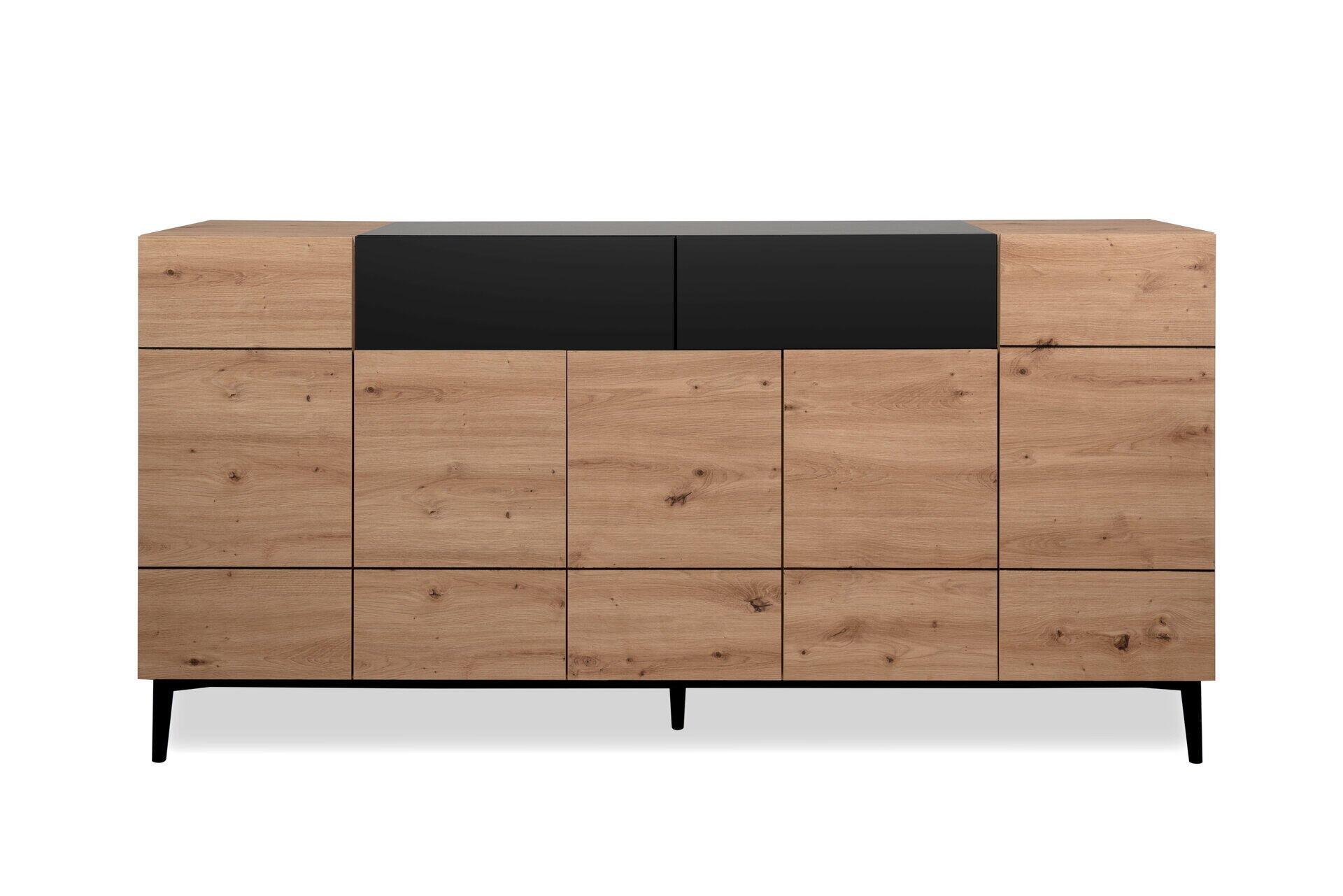 Sideboard Nola 51A in Frontalansicht mit fünf Türen, zwei Schubladen, zwölf Fächern und schlanken, schwarzen Füßen.
