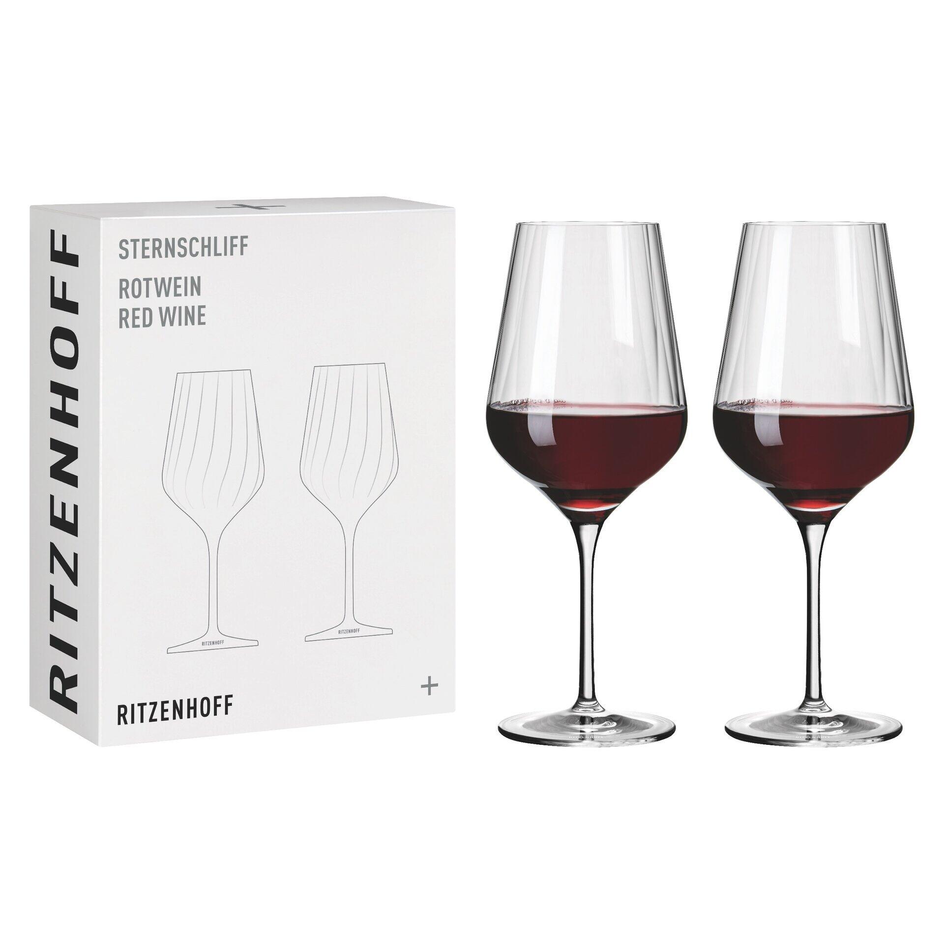 Ritzenhoff Rotweingläser mit Stern-Schliff, gezeigt in schematischer und realistischer Darstellung, gefüllt mit Rotwein und mit langem, elegantem Stiel.