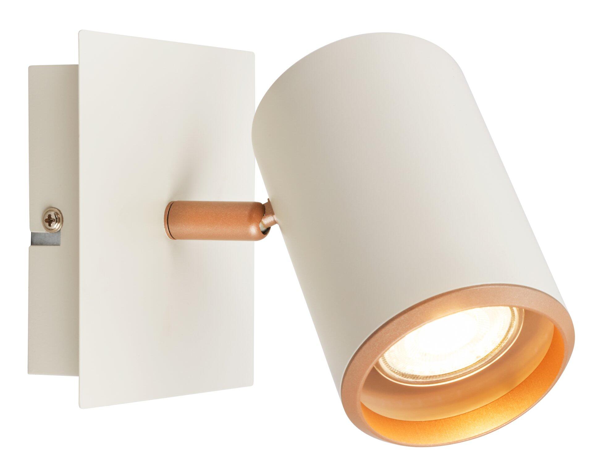 Wandleuchte Spot, Era, mit verstellbarem, goldenem Arm und zylindrischem Lampenschirm, dargestellt aus einem 45-Grad-Winkel zur Veranschaulichung der Designelemente.
