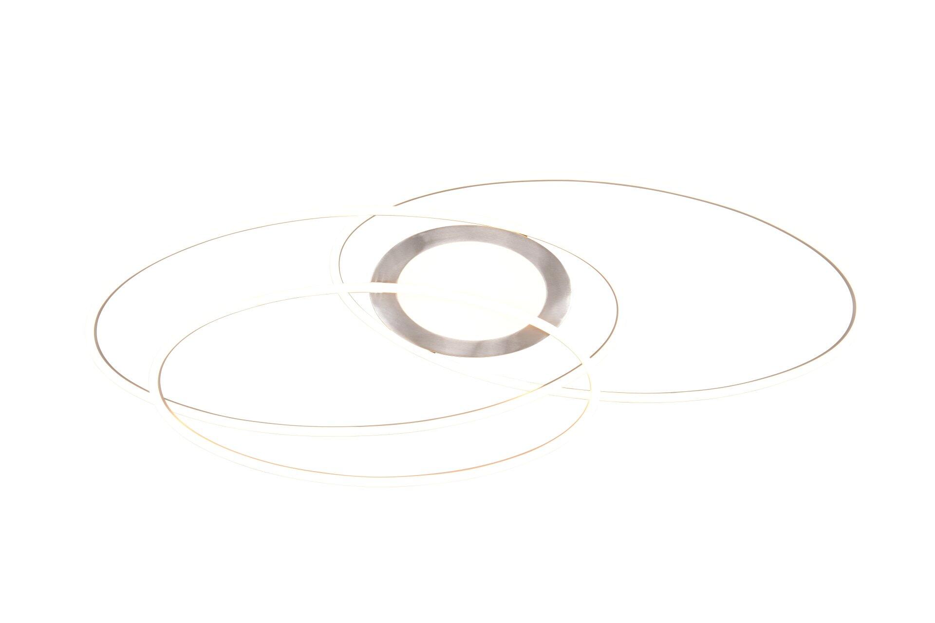 Deckenleuchte Ovine mit goldfarbenen, ellipsenförmigen Ringen und einem silberfarbenen, zentralen Element, das die stufenlos einstellbare Lichtfarbe demonstriert.