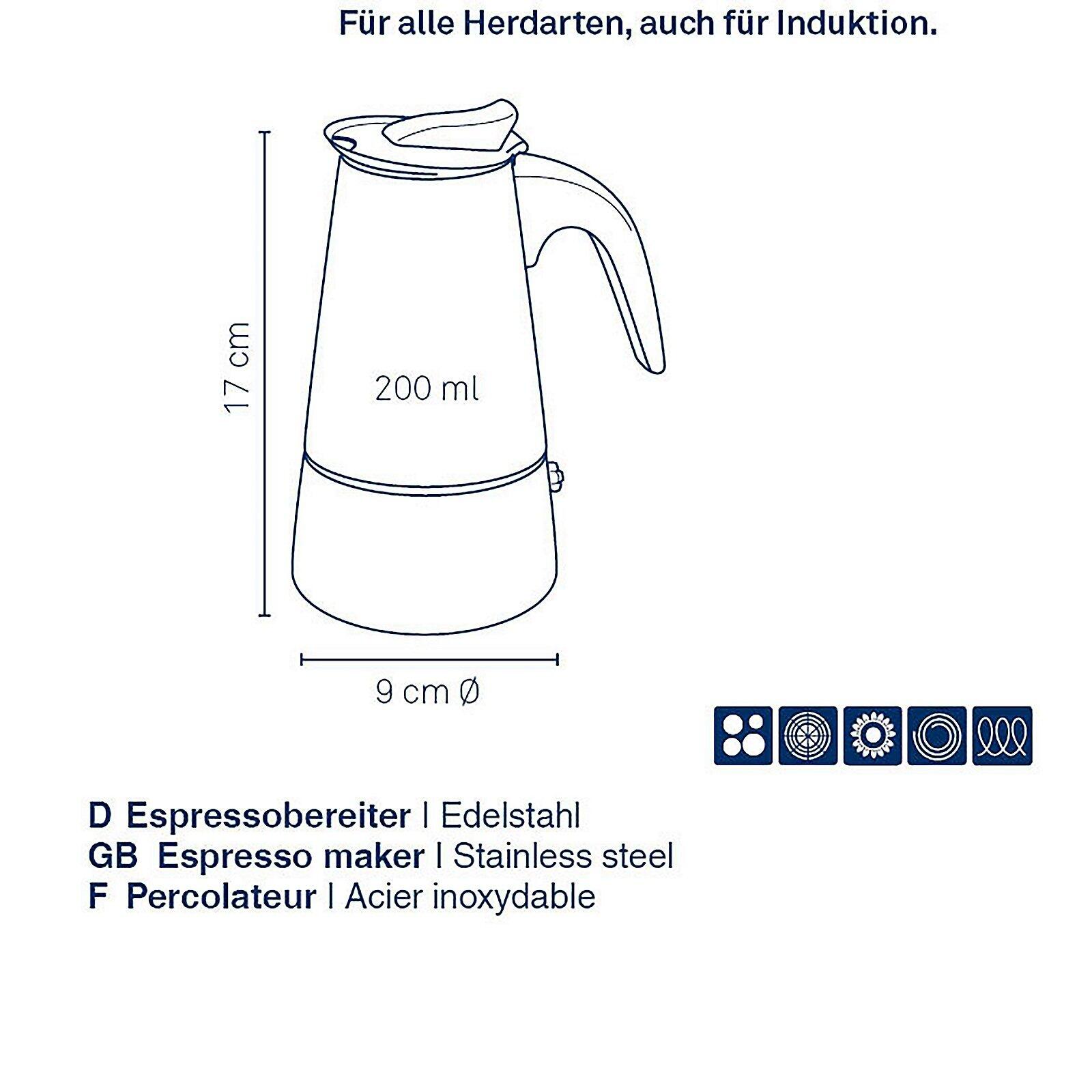 Edelstahl-Perkolator "Ferrara" mit gebogenem Griff und Angaben zu den Abmessungen 17cm Höhe und 9cm Durchmesser, sowie Symbole für Induktion, Gefriertruhe und Geschirrspulertauglichkeit.