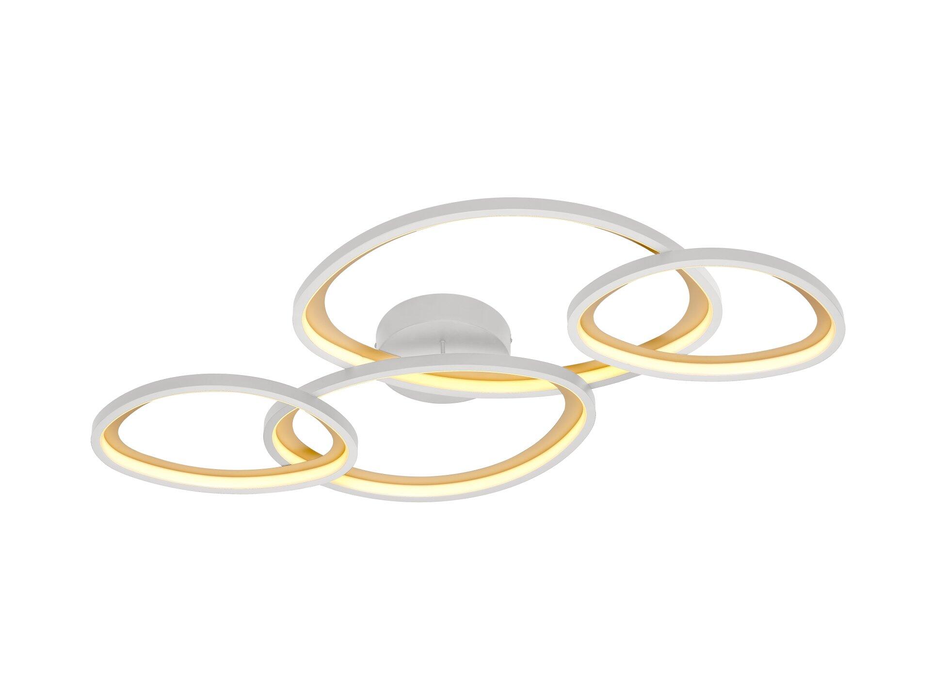 Deckenleuchte Sivo mit drei ineinander verschlungenen, ovalen LED-Ringen, die von einem zentralen Gehäuse ausstrahlen und eine stufenlos einstellbare Lichtfarbe zeigen.
