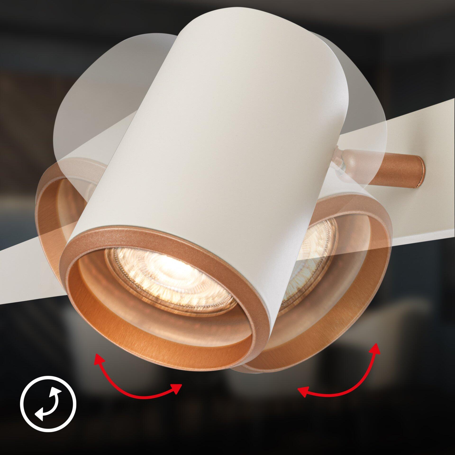 Pendelleuchte Era mit schwenkbarem Lichtstrahl und zwei ineinander verschachtelten Zylindern, ein weißer außen, ein warmer Holzton innen.