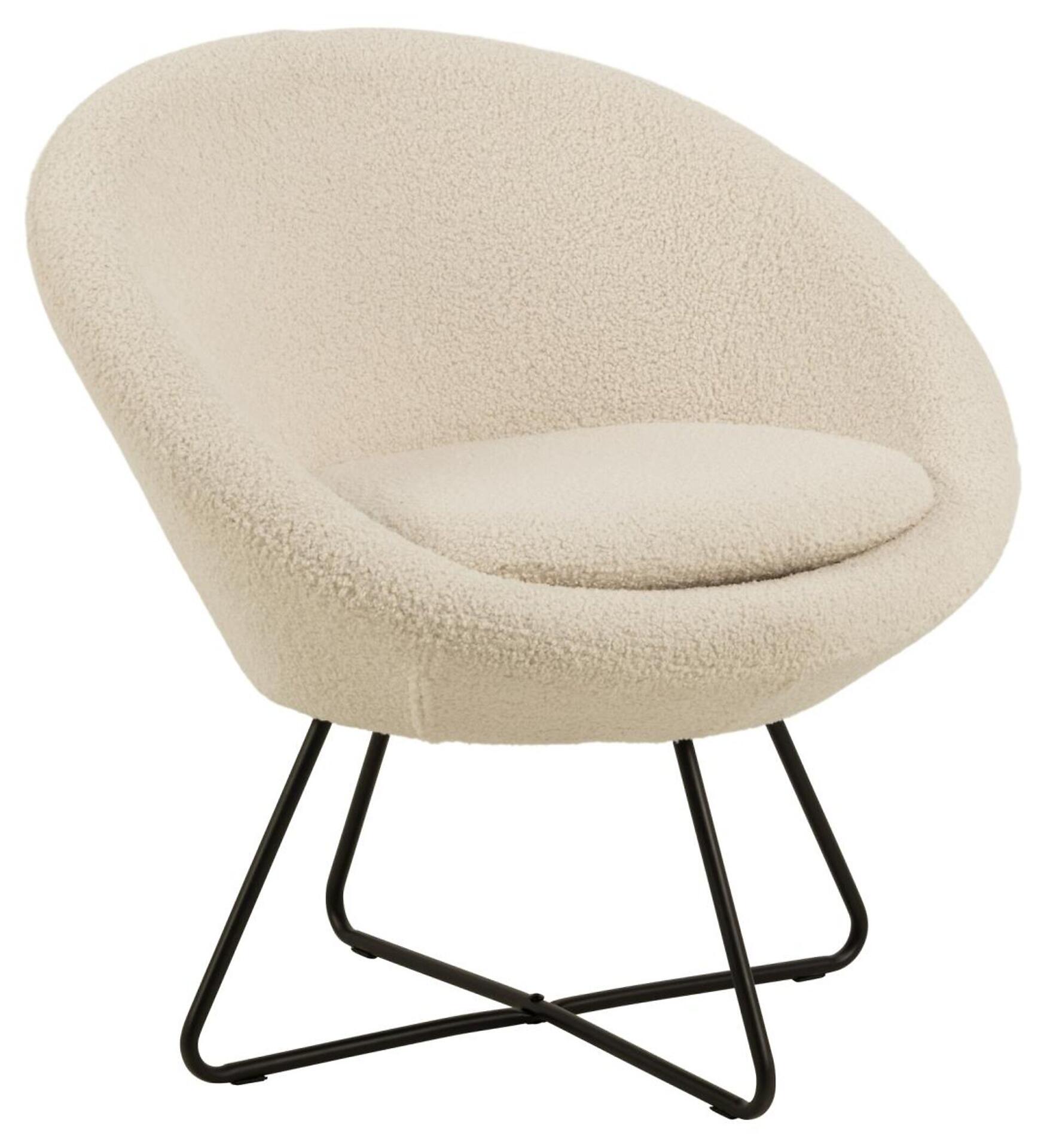 Loungestuhl Center mit geschwungenem, schwarzem Metallgestell und hellbeige Schaffell-Optik in einer Dreiperspektive.