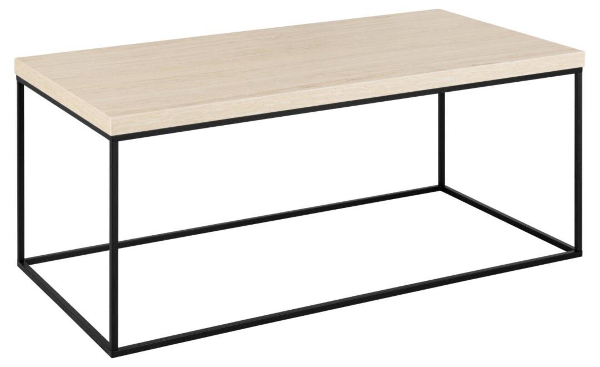 Moderner Couchtisch Barossa mit rechteckiger Tischplatte in hellbeige mit Holzmaserung und schwarzem Metallrahmen, perspektivisch aus der Vogelansicht leicht seitlich dargestellt.