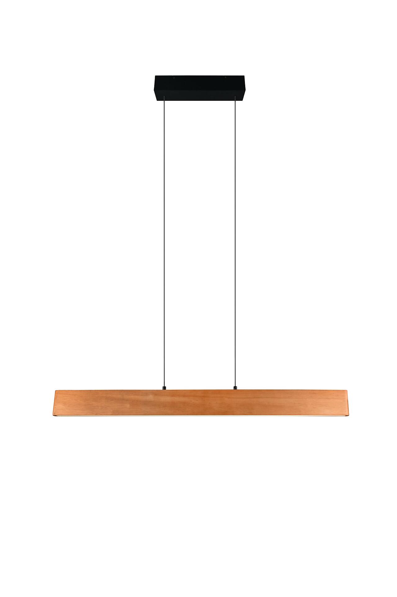 Pendelleuchte Edgewood mit schlichtem, horizontal ausgerichteten Holzschirm in goldbrauner Färbung und schwarzem Gehäuse, dargestellt in Frontalperspektive.