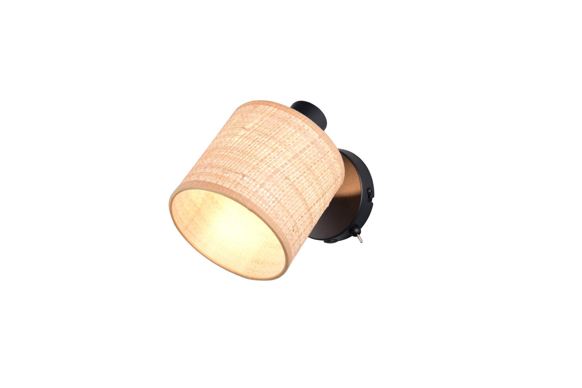 Wandlampe Strahler Aimee mit zylindrischem, hellbeige Lampenkopf und integriertem, schwarzem Schalter, dargestellt in seitlicher Ansicht mit schräg nach vorne gerichtetem Lampenkopf.
