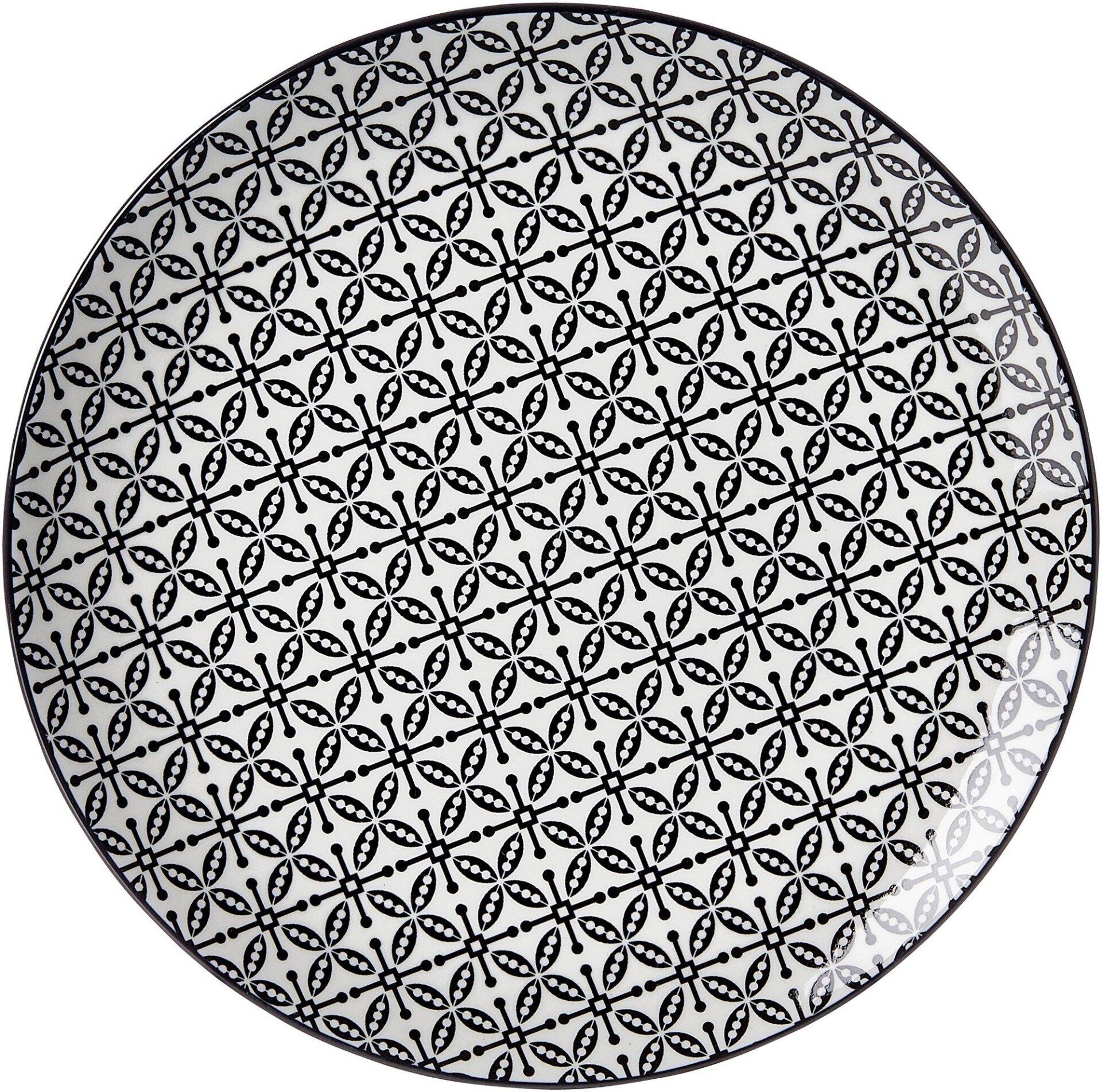 Dessertteller Takeo Leaves mit rundem Design und geometrischem, blütenblattartigem Muster auf weißem Hintergrund.