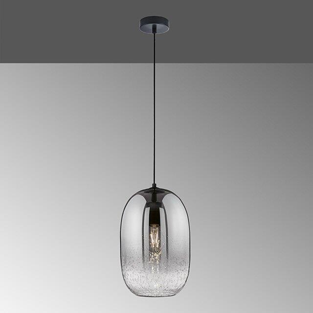 Pendelleuchte Trace mit tropfenförmiger, strukturierten Glaskugel und Edison-Glühbirne, dargestellt in Frontalperspektive.