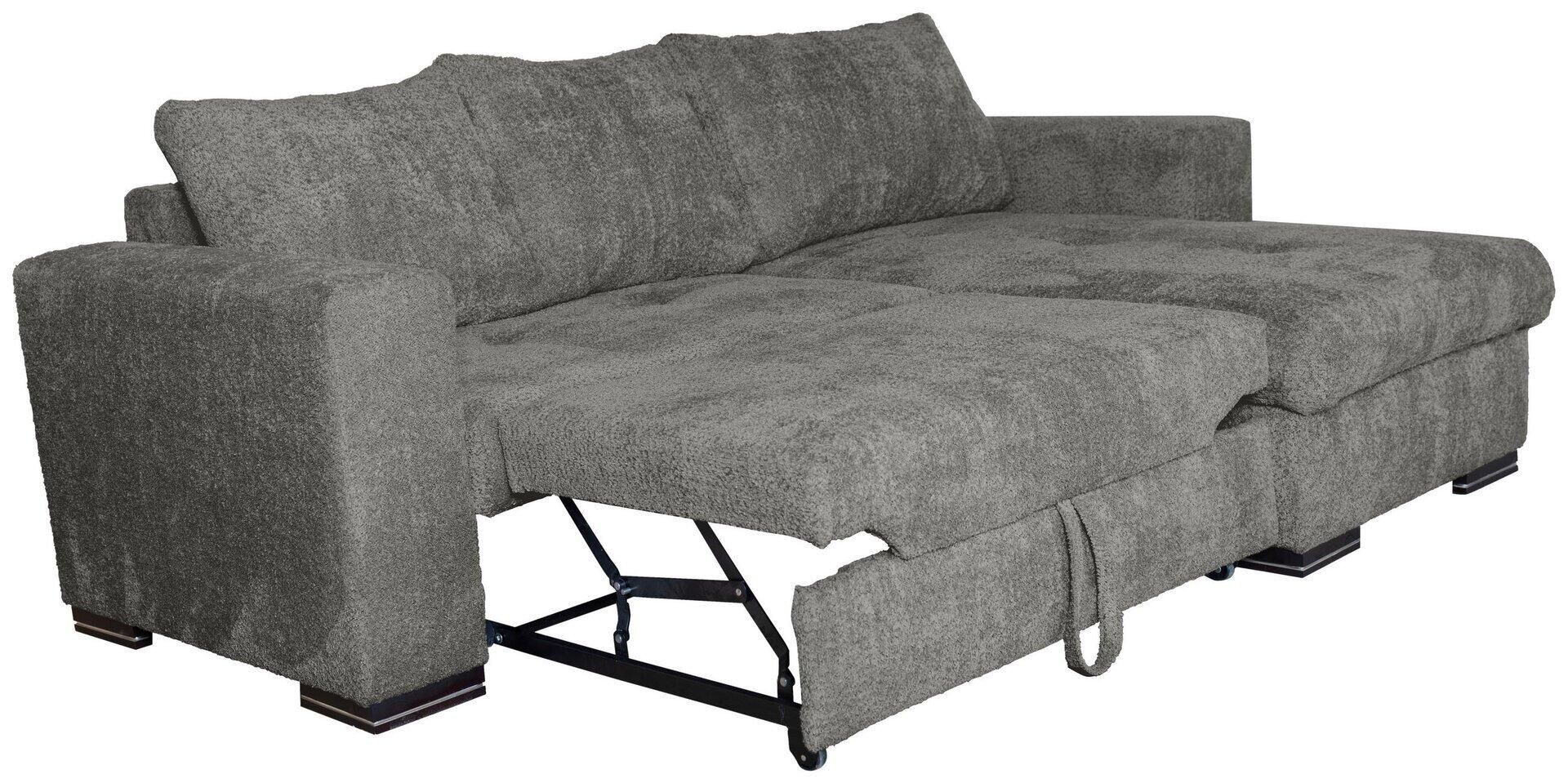Ecksofa Malmo in 3/4-Perspektive mit ausgezogener Schlaffläche und sichtbarem Bettkastenmechanismus.