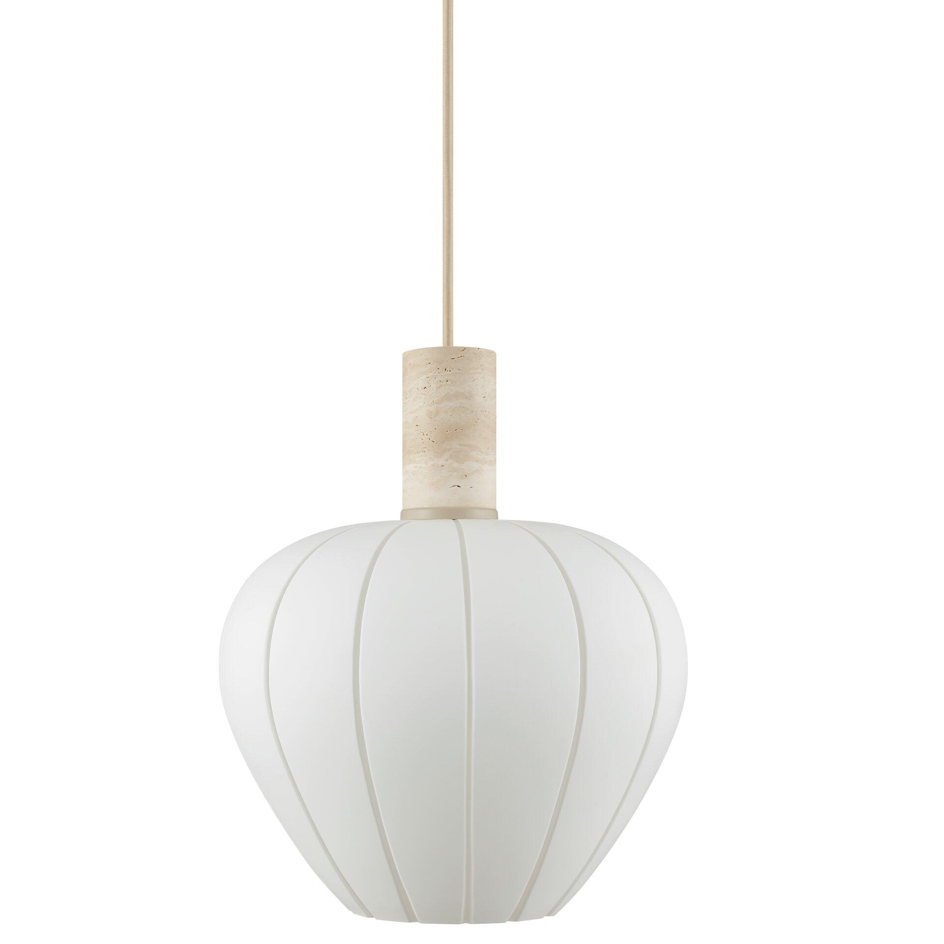 Pendelleuchte Annie mit tropfenförmigem, geriffeltem Lampenschirm, goldenem Kabel und zylindrischem Aufhängeelement im Marmor-Look.