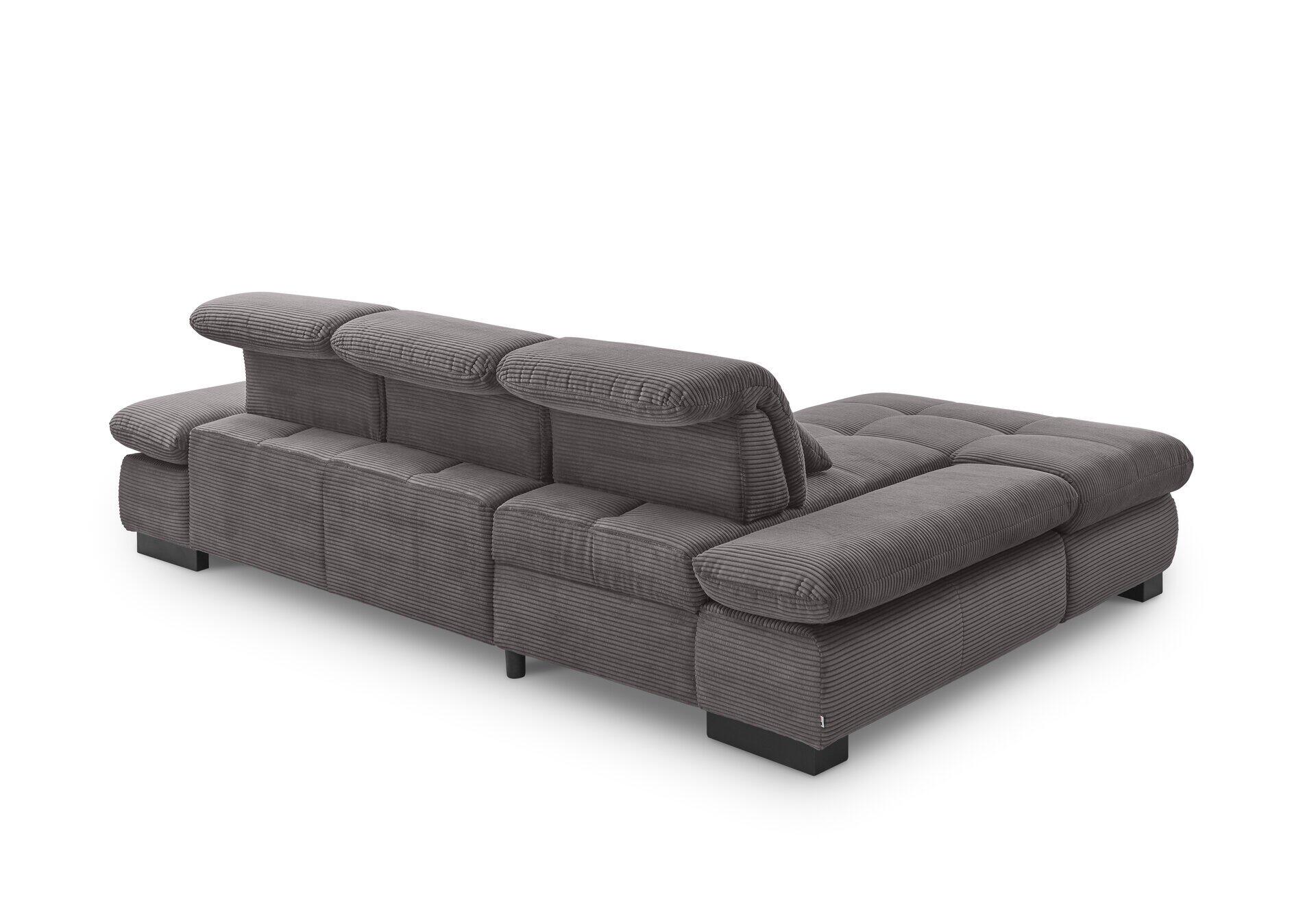 Graues Ecksofa SO 4100 in ¾-Ansicht mit geometrischer Form, variablen Rückenhöhen und schwarzen Füßen, das durch flexible Elemente gekennzeichnet ist.