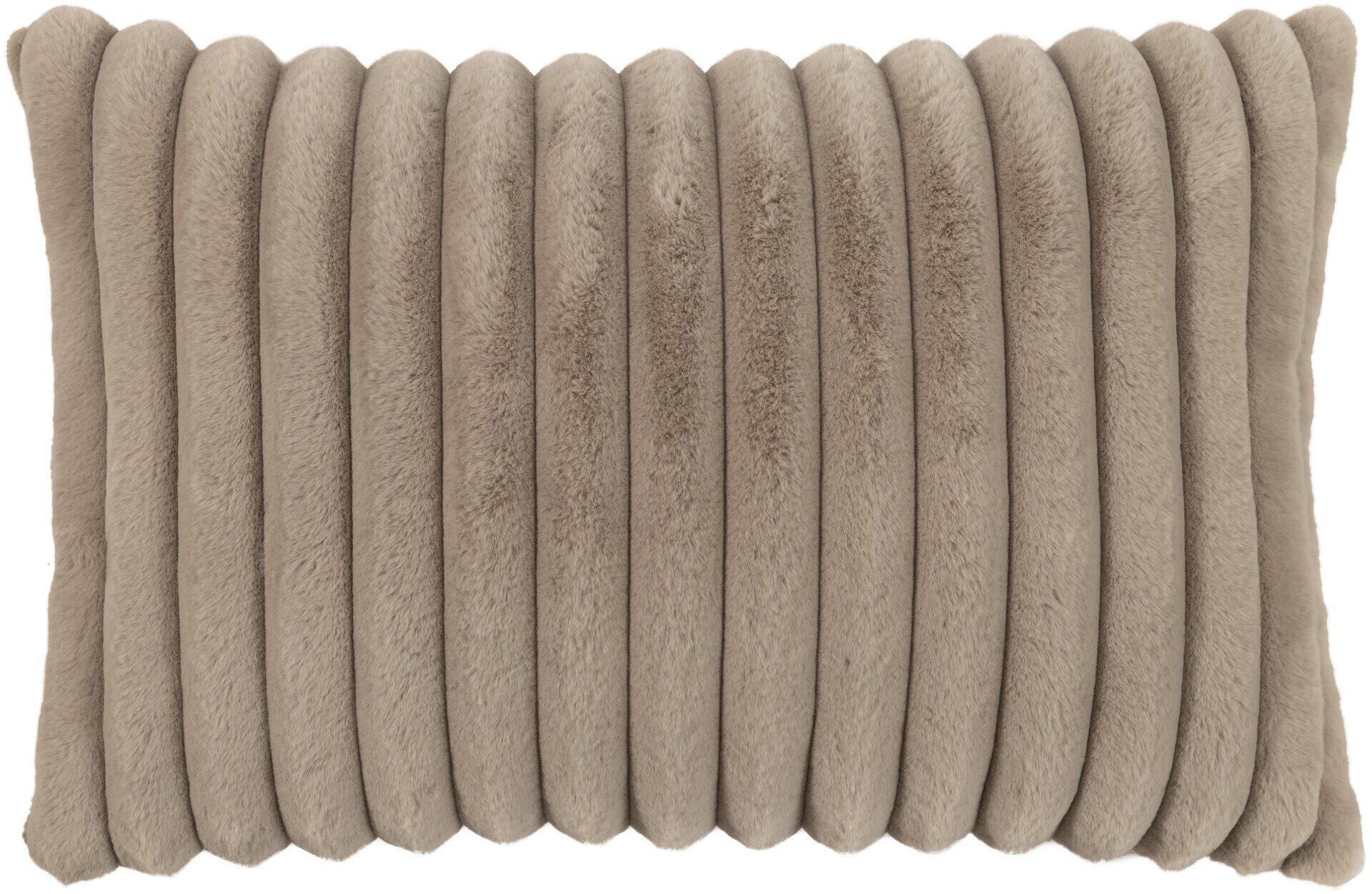 Kissenhülle Raya mit Fellimitatstreifen und strukturierter Oberfläche in Taupe.