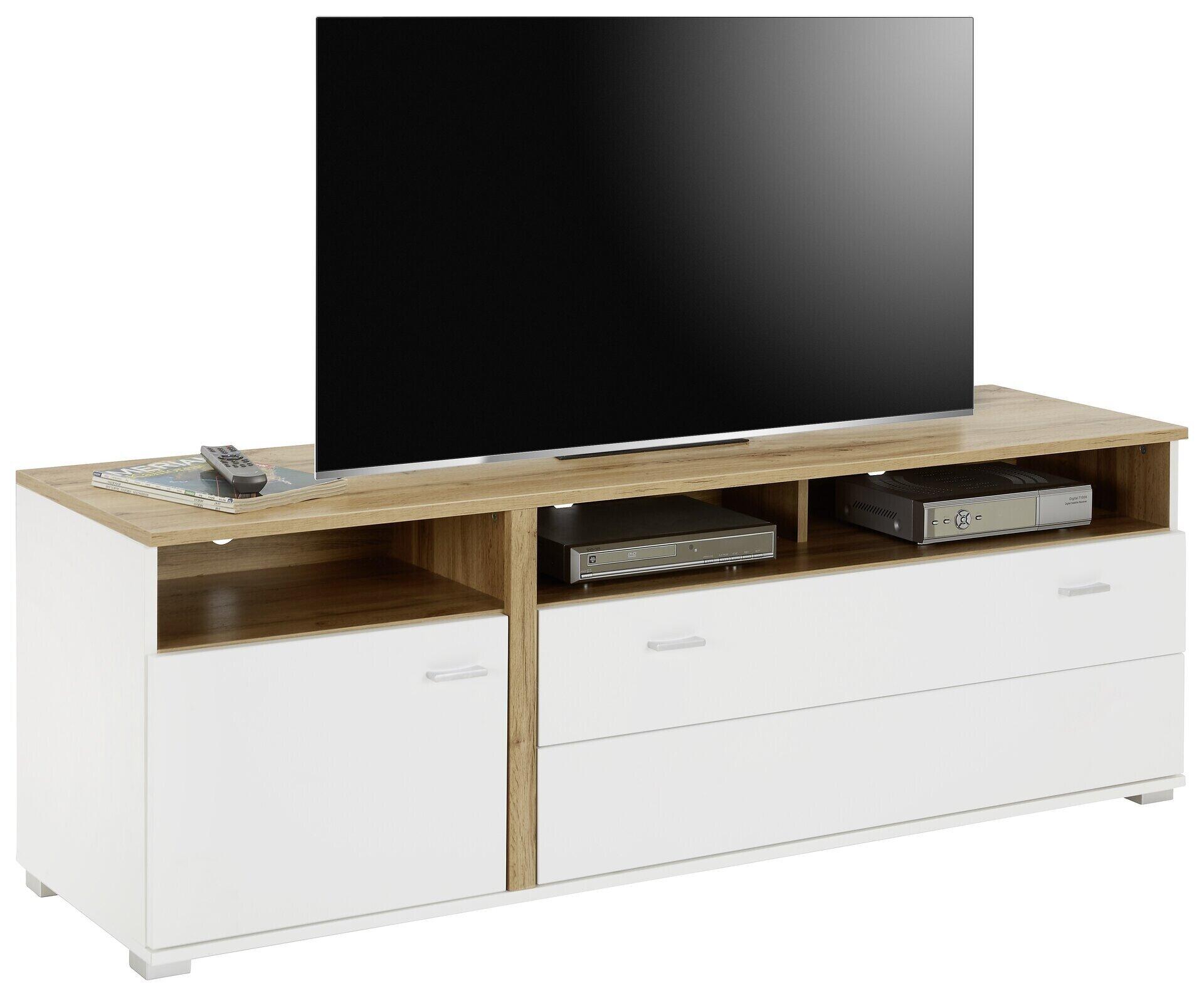 TV-Unterteil Alamo mit weißen MDF-Fronten, Eiche Altholz-Akzenten, einer Holztür, drei offenen Fächern, einem Schubkasten mit Doppelzarge und silberfarbenen Griffen, wie in einer Frontperspektive dargestellt.