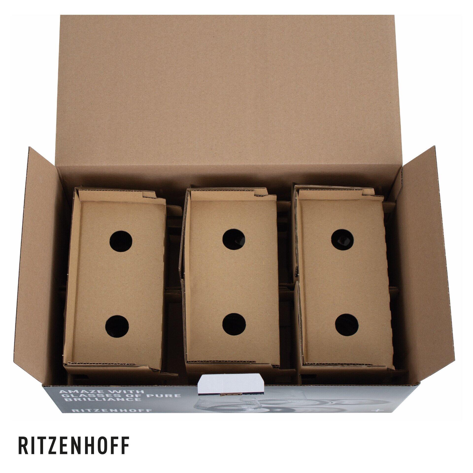Allroundglas-Set: Drei hellgrau-weiße Kartons mit schwarzem Logo und Löchern, die die Geschenkverpackung für das 6-teilige Wasserglas-Set zeigen.