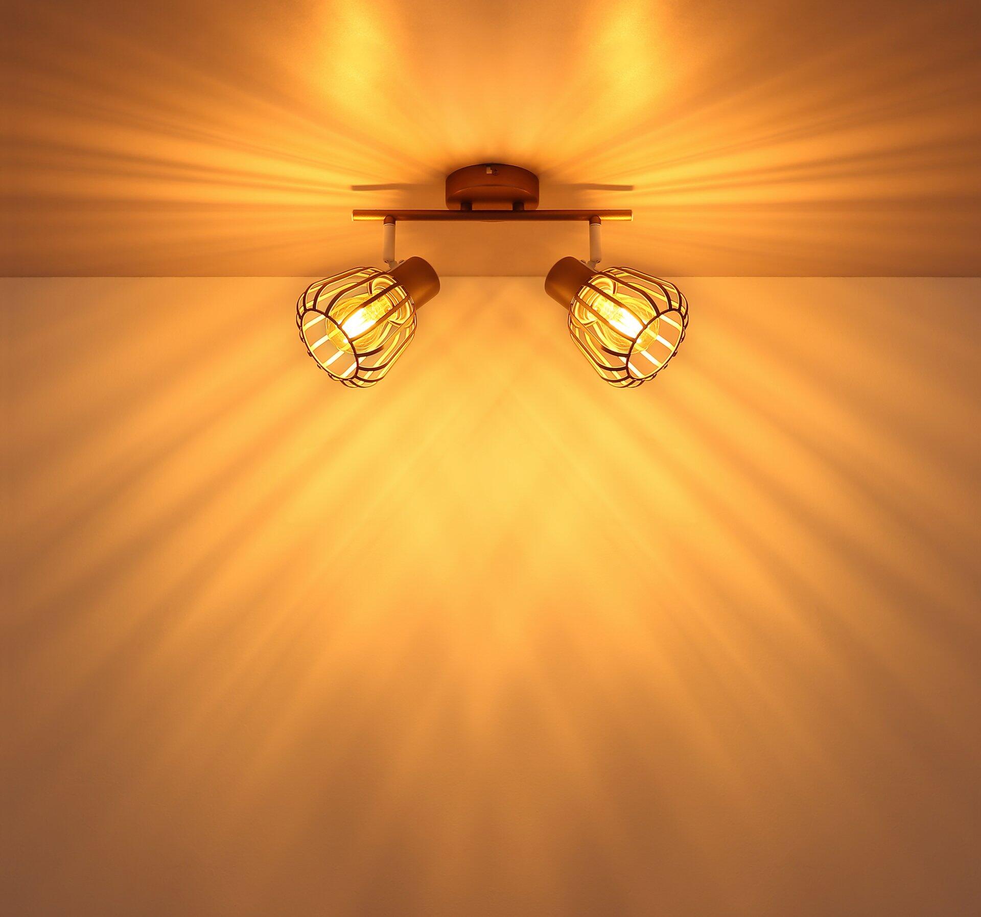 Strahler OLIN mit zwei schwenk- und drehbaren Spotlights in goldenen Drahtkörben, schräg an der Decke montiert und in unterschiedliche Richtungen gerichtet.