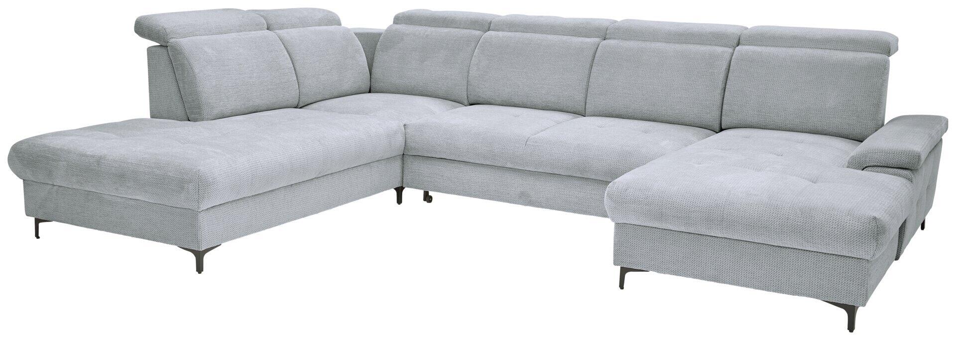 Wohnlandschaft Corsica in Grau mit abklappbarer Rückenlehne, hochklappbarem Schlafsofa-Element und konischen, silberfarbenen Füßen.