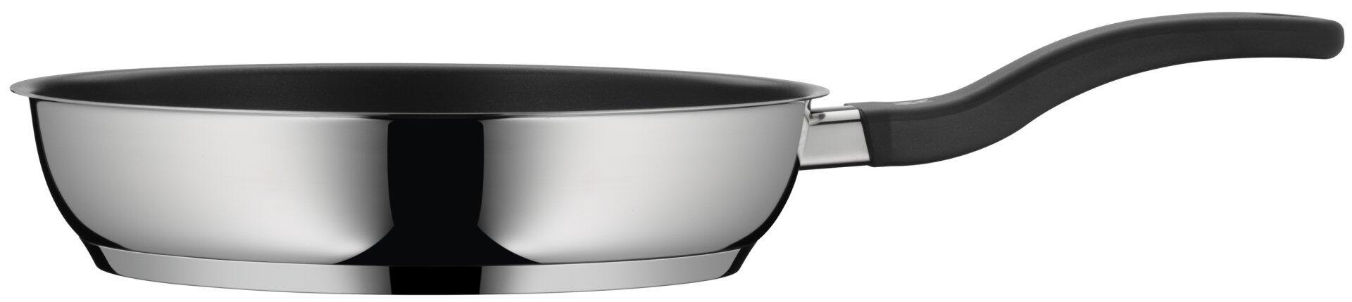 WMF Devil Pfannen-Set: Polierte Edelstahlpfanne mit ergonomischem, schwarzem Metallhenkel und Kunststoffgriff, leicht konische Form im Seitenansicht.