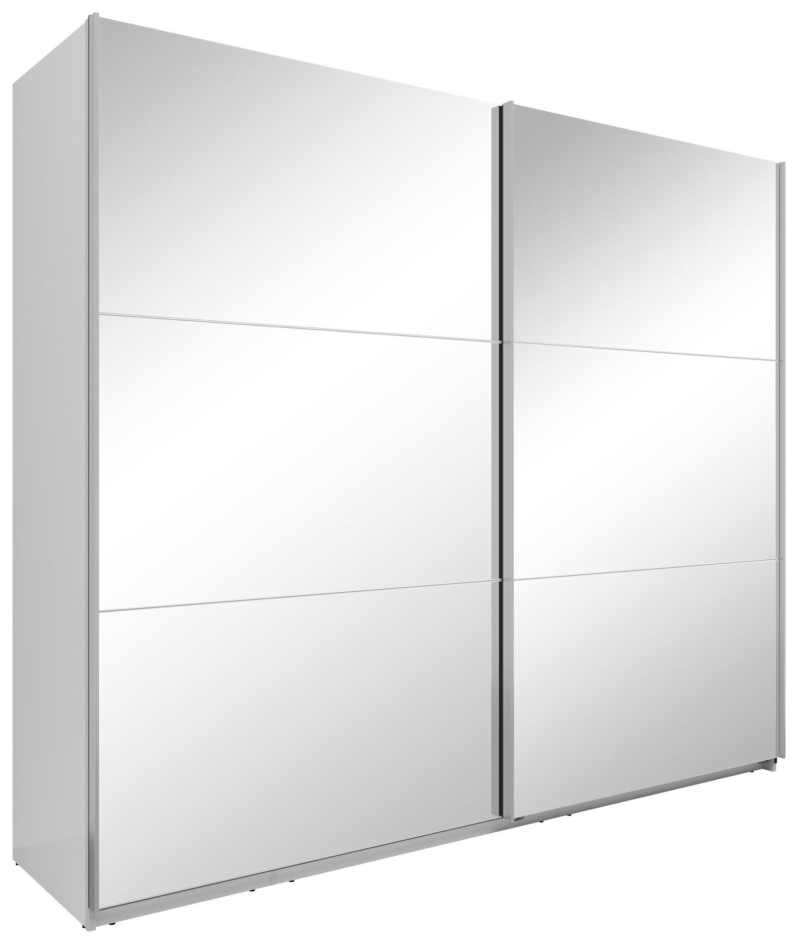 Schwebetürenschrank Neo mit zwei hochglänzenden, in Hochglanz gehaltenen Türen, die sich in leicht schräger Perspektive nach links und rechts öffnen, und einem weißen Korpus.
