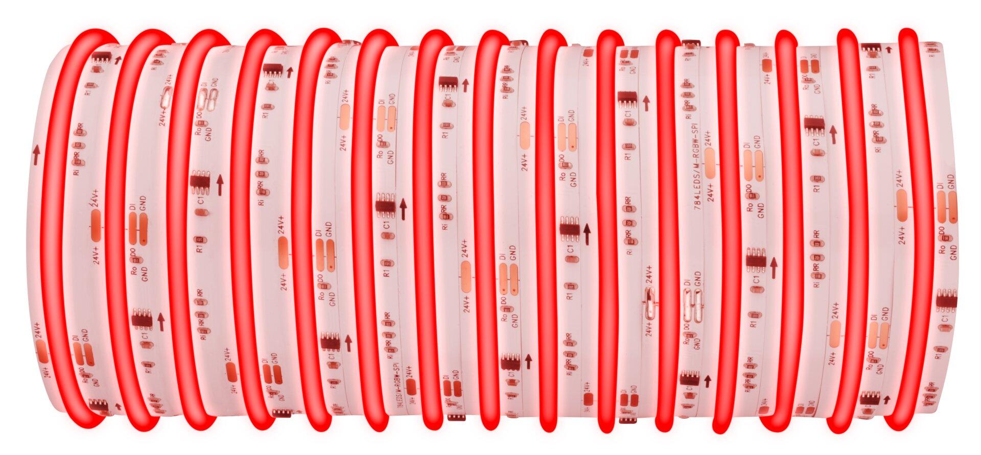 Flexible LED-Bandleuchte BRILO mit roter Umhüllung auf runder Präsentationsfläche, die die Flexibilität und die technischen Details (24V+, GND, R1) zeigt.