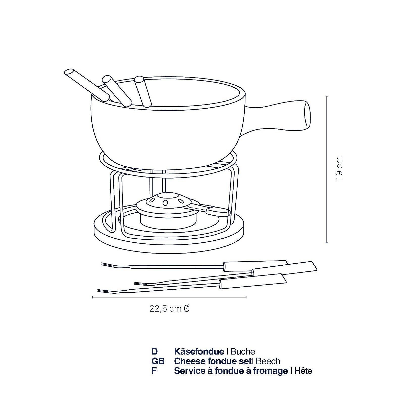 Käsefondue-Set Natura von Hëte mit rundem Fondue-Topf, gebogenen Griffen, Kerzenhalter und drei Spateln auf Ablage.