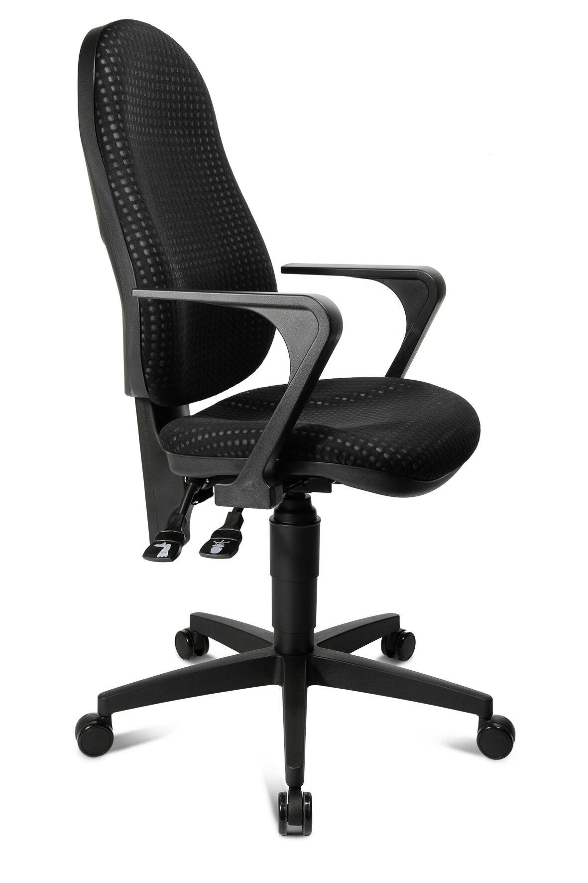 Bürostuhl Point 25 in Seitenansicht mit Chrom-Gasliftfuß, verstellbaren Lordosenstützen und ergonomisch geformter Rückenlehne.