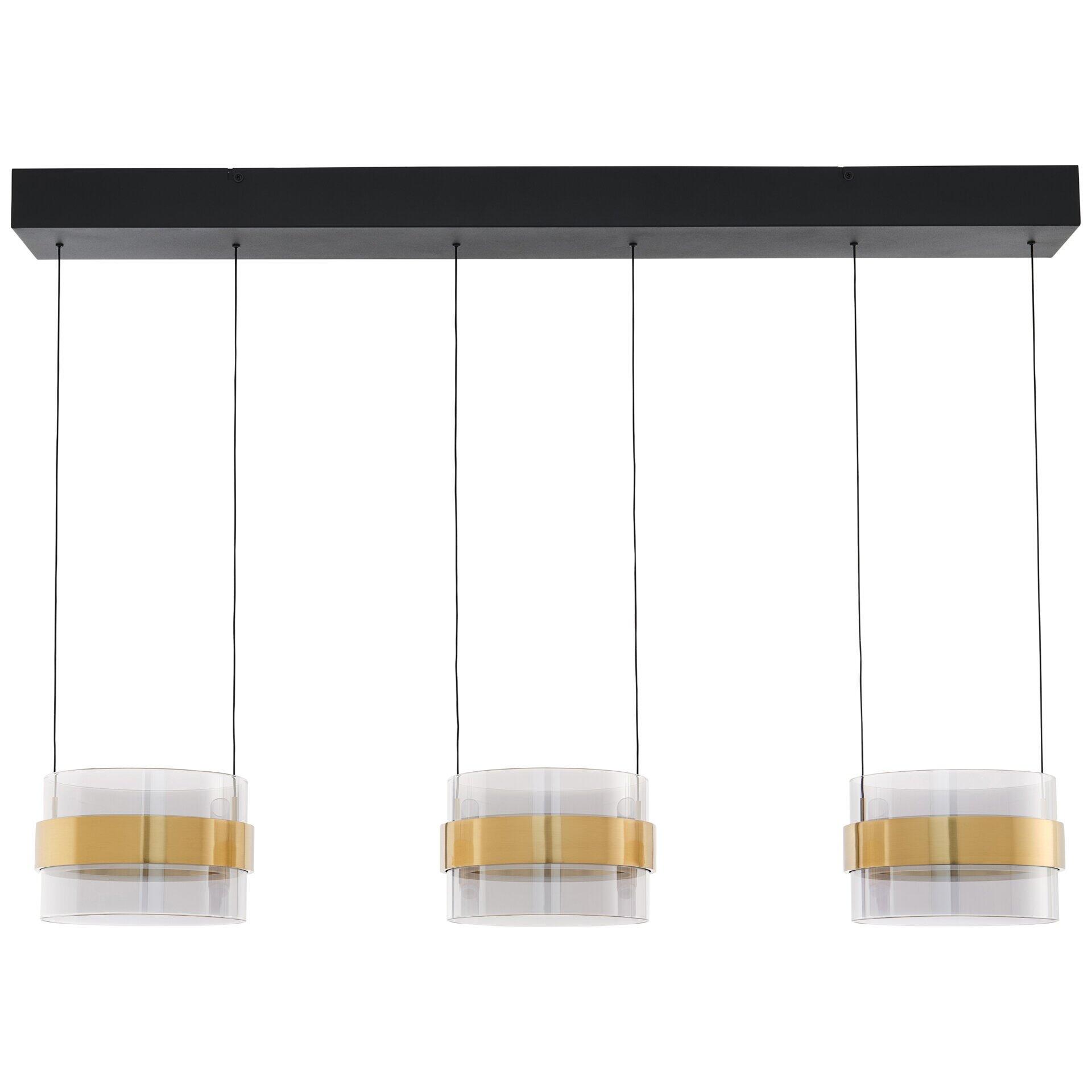 Moderne Pendelleuchte Inside mit drei zylindrischen, gebogenen Gläsern, goldenem Band und schwarzen Aufhängeketten, frontal dargestellt.