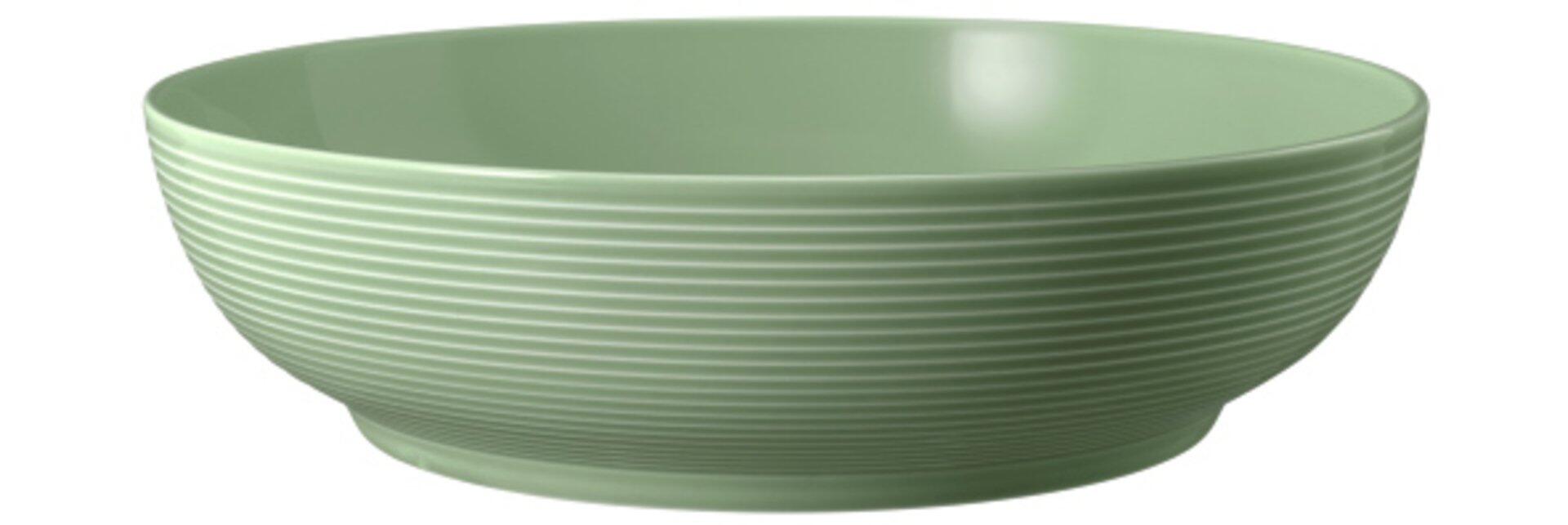 Foodbowl Beat, mintgrüne Servierbowl mit reliefartigen, vertikalen Rillen und leicht konischer Form, aus der Vogelperspektive.