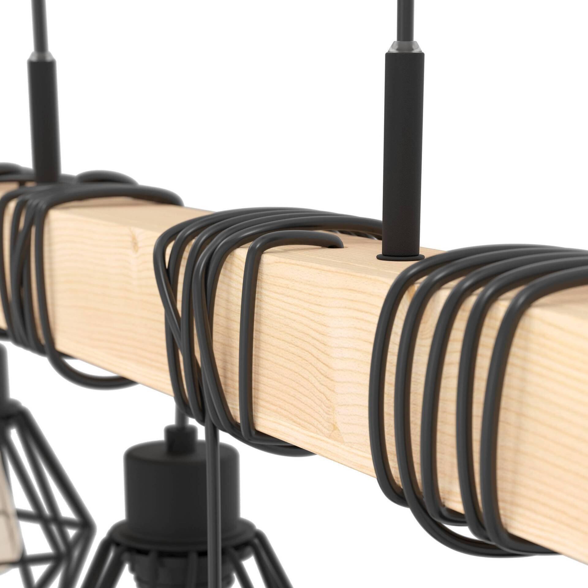Pendelleuchte Townshend 5: Detailaufnahme eines horizontalen Holzbalkens mit spiralförmigem schwarzen Metallgestell und filigranen Lampenschirmen.
