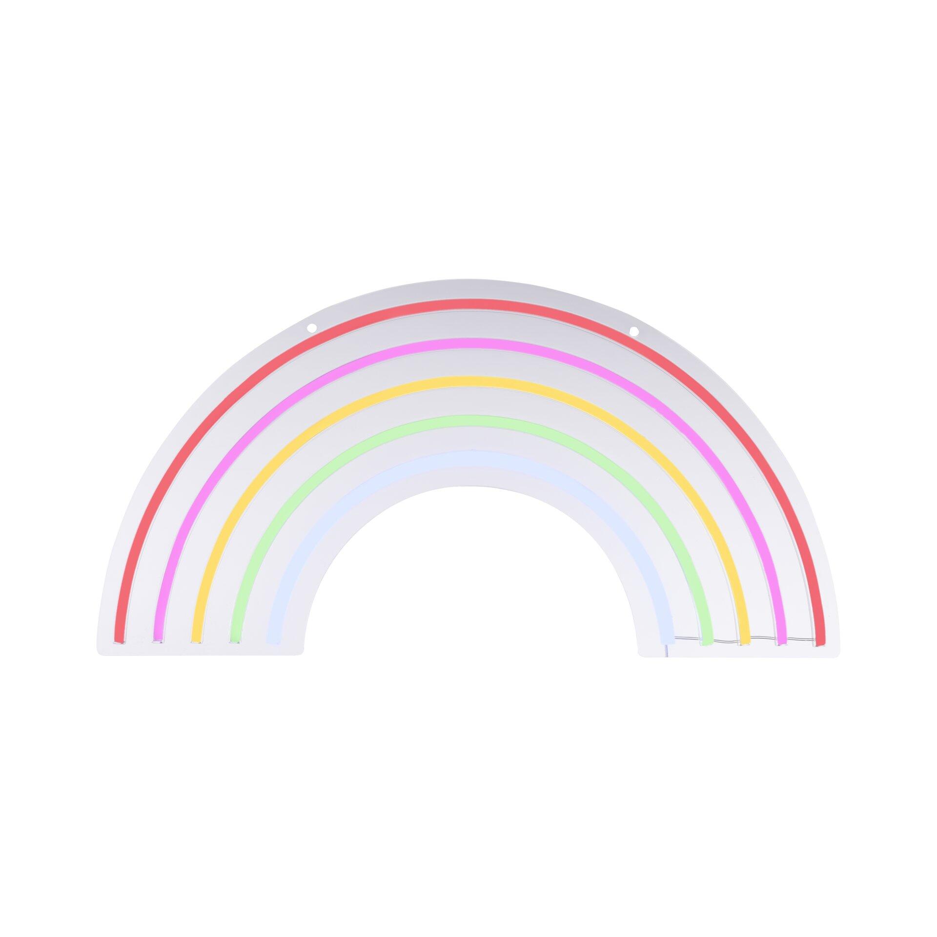 Neon-Rainbow LED-Bild, ein bunter Regenbogen aus leuchtenden LED-Linien auf einer weißen Basis, frontal aufgenommen mit sichtbaren Aufhänungslöchern.