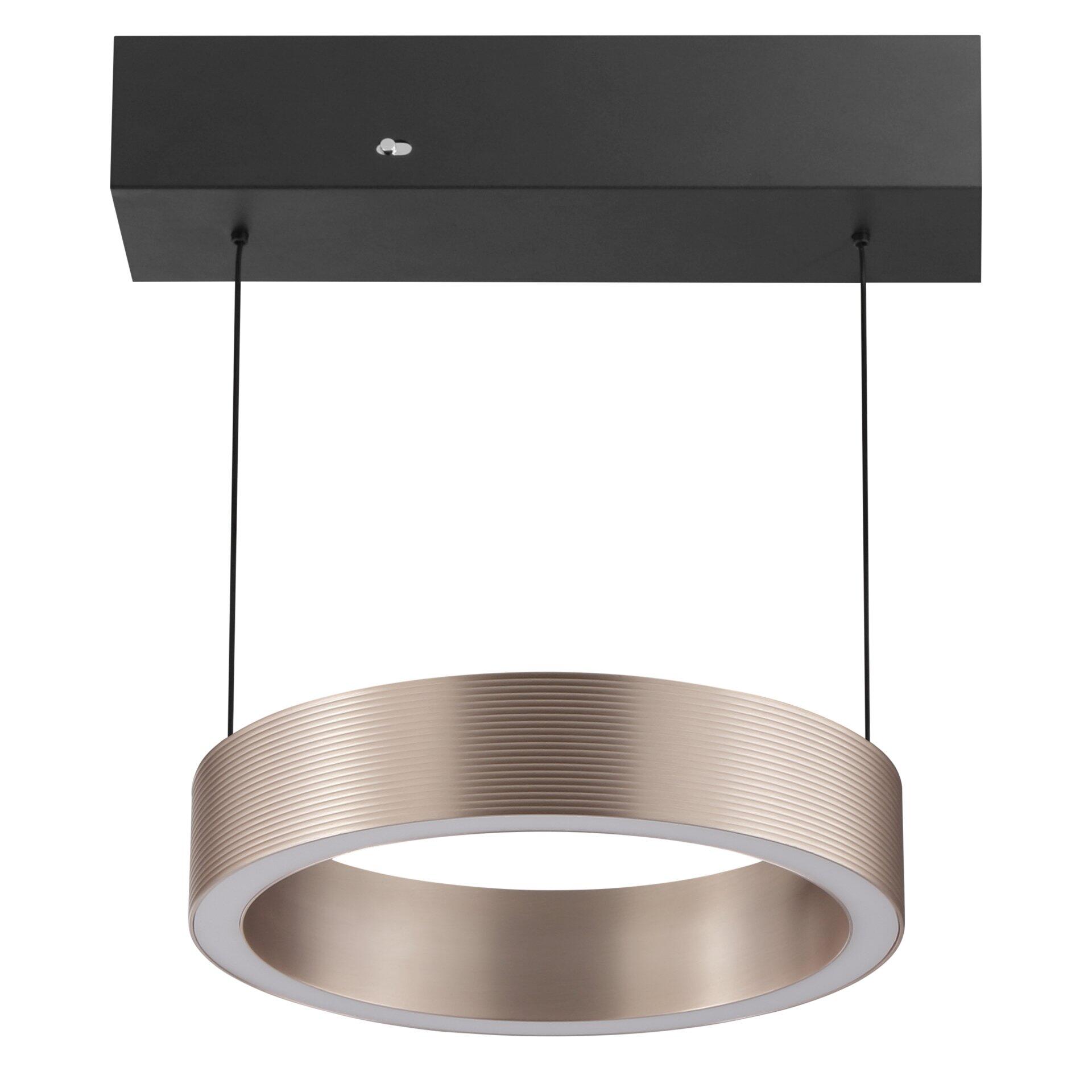 Pendelleuchte Axion mit bronzefarbener Ringform, vertikalen Rillen und höhenverstellbarem Design.