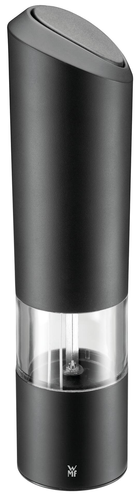 WMF Salz- und Pfeffermühle mit zylindrischem Korpus und transparentem Bereich, der das Mahlwerk aus Metall zeigt.